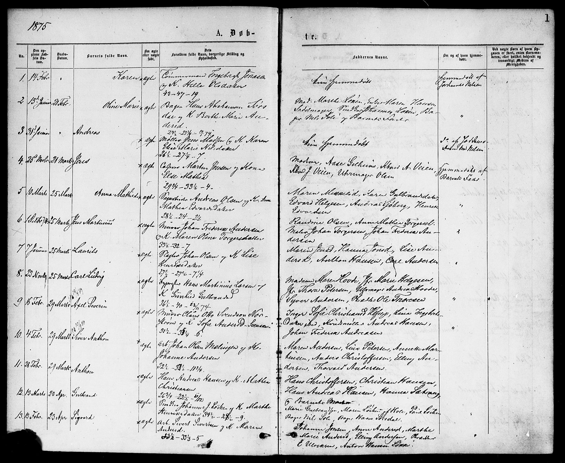 Hønefoss kirkebøker, SAKO/A-609/F/Fa/L0001: Parish register (official) no. 1, 1875-1887, p. 1