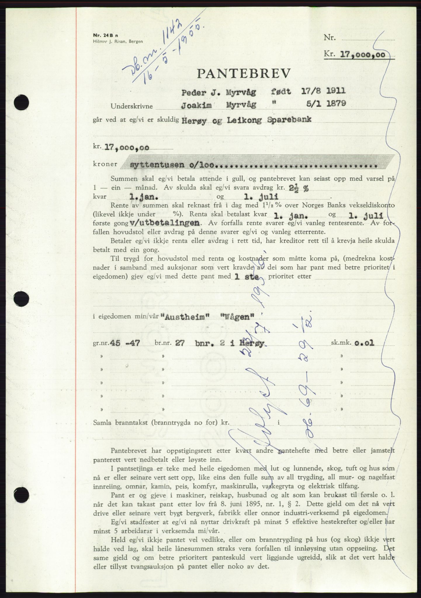 Søre Sunnmøre sorenskriveri, AV/SAT-A-4122/1/2/2C/L0126: Mortgage book no. 14B, 1954-1955, Diary no: : 1142/1955