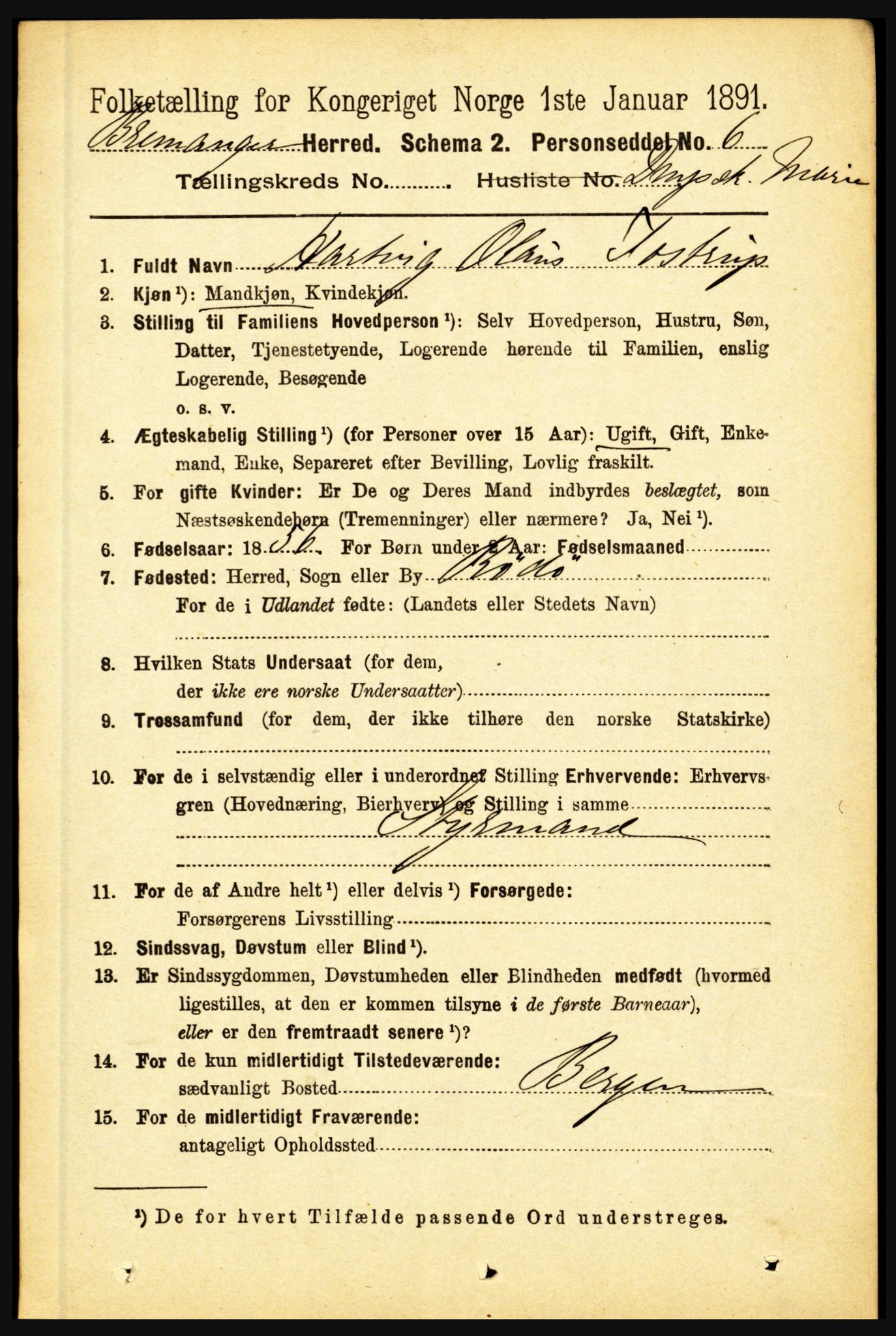 RA, 1891 census for 1438 Bremanger, 1891, p. 2606