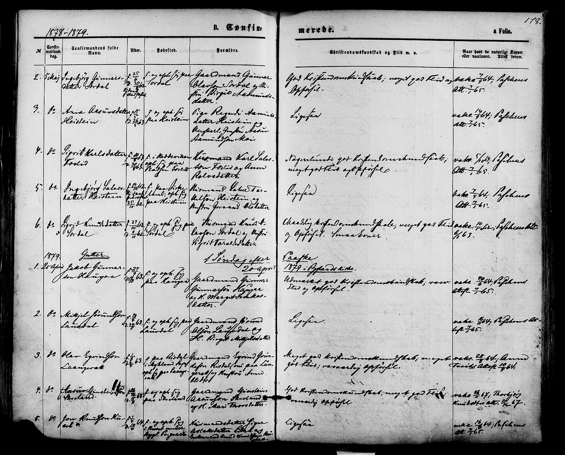 Bygland sokneprestkontor, SAK/1111-0006/F/Fa/Fab/L0006: Parish register (official) no. A 6, 1873-1884, p. 178