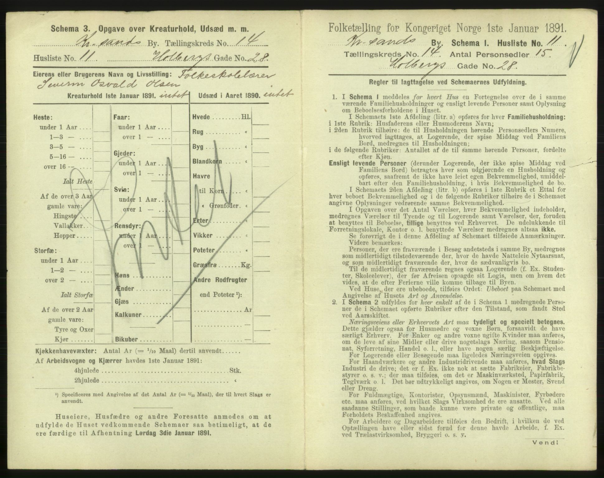 RA, 1891 census for 1001 Kristiansand, 1891, p. 908