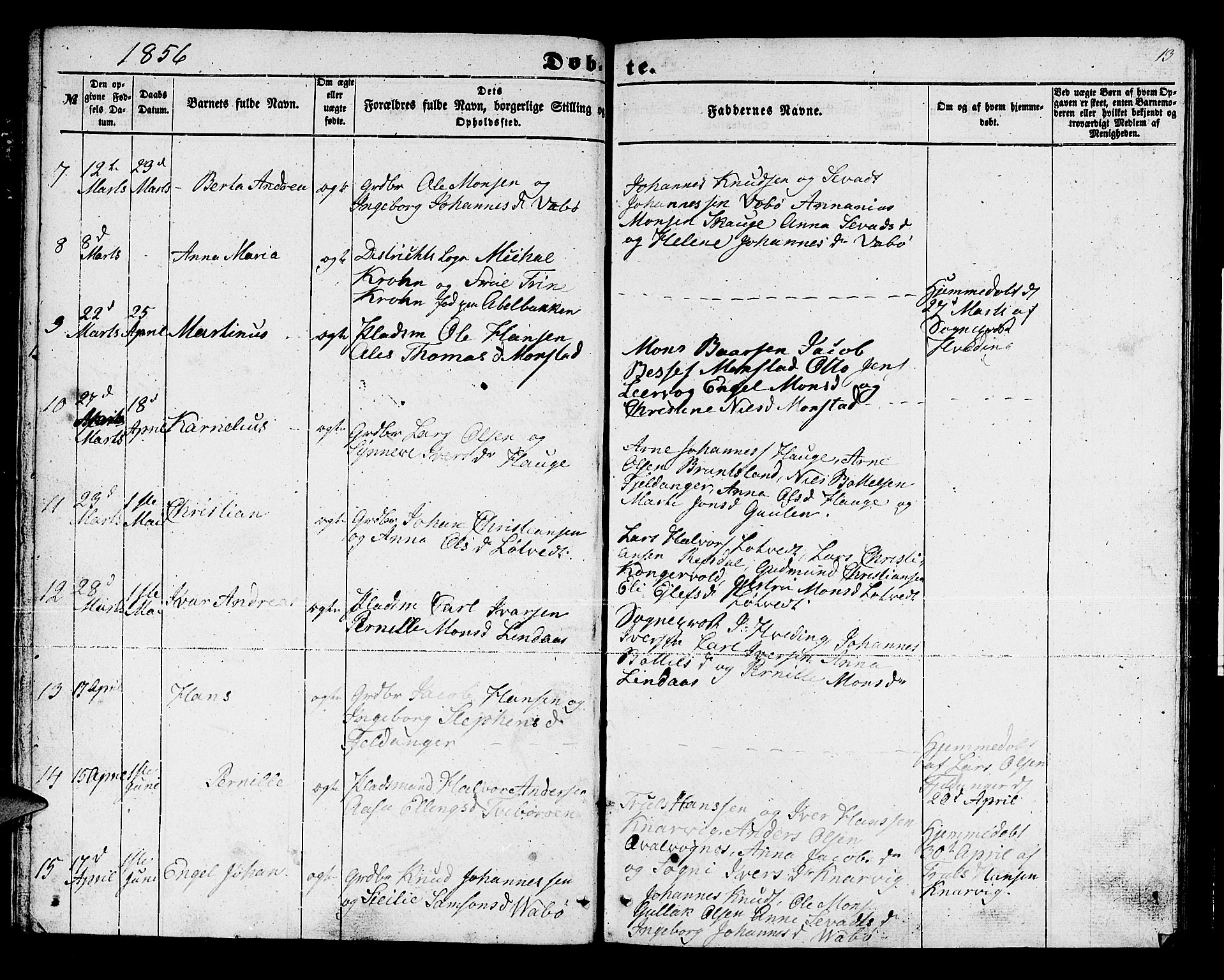 Lindås Sokneprestembete, SAB/A-76701/H/Hab: Parish register (copy) no. B 1, 1853-1866, p. 13