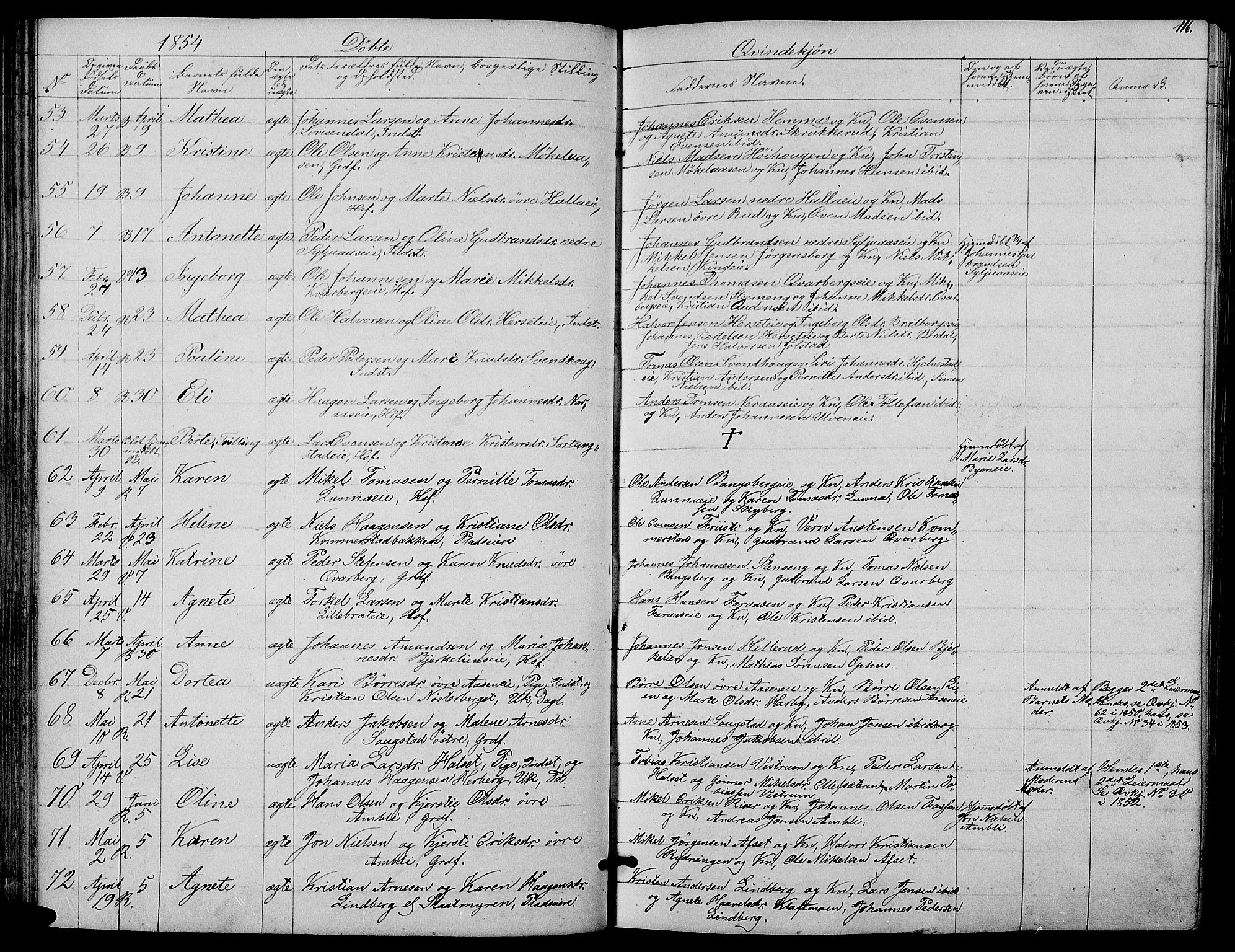 Ringsaker prestekontor, AV/SAH-PREST-014/L/La/L0006: Parish register (copy) no. 6, 1851-1860, p. 116