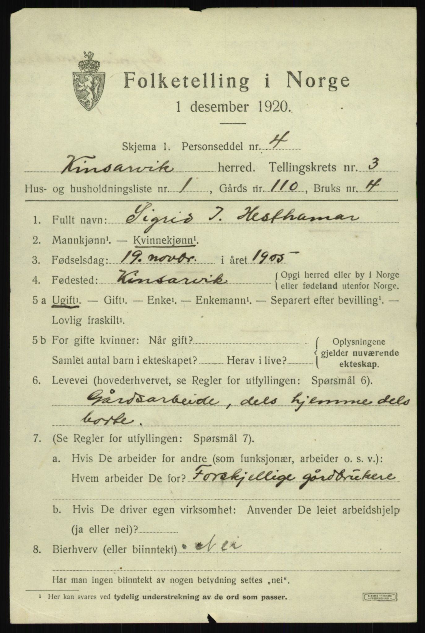 SAB, 1920 census for Kinsarvik, 1920, p. 1796