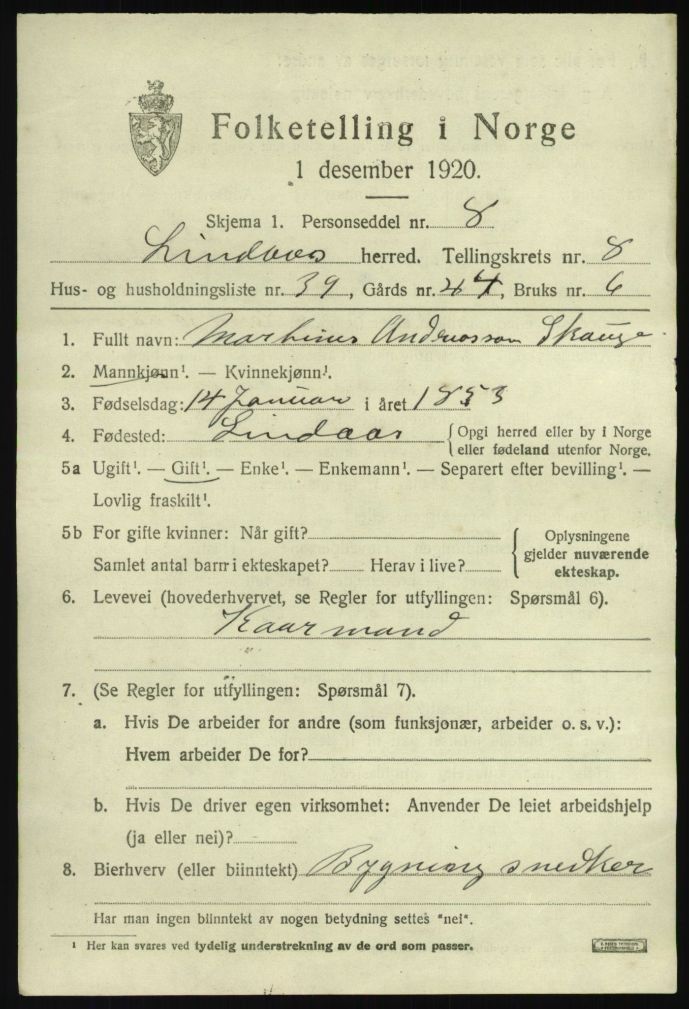 SAB, 1920 census for Lindås, 1920, p. 4781