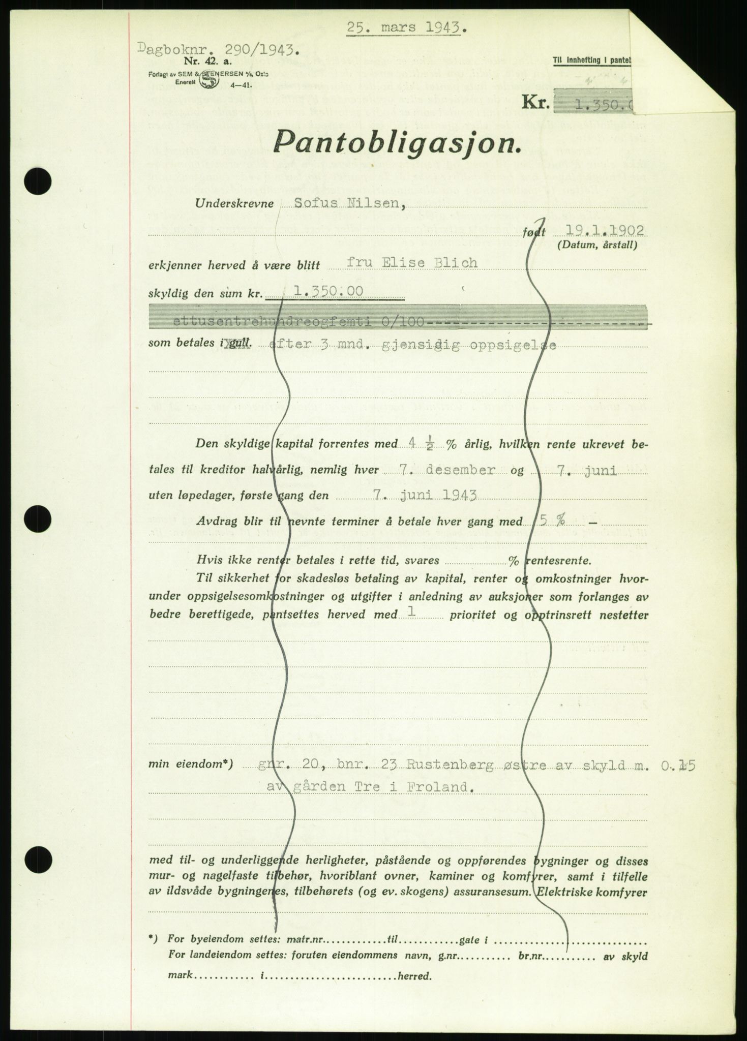 Nedenes sorenskriveri, AV/SAK-1221-0006/G/Gb/Gbb/L0002: Mortgage book no. II, 1942-1945, Diary no: : 290/1943