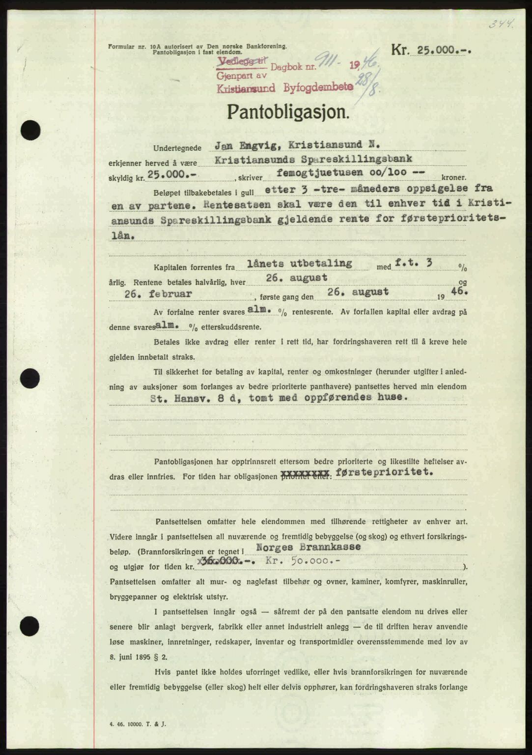 Kristiansund byfogd, AV/SAT-A-4587/A/27: Mortgage book no. 40, 1946-1946, Diary no: : 911/1946