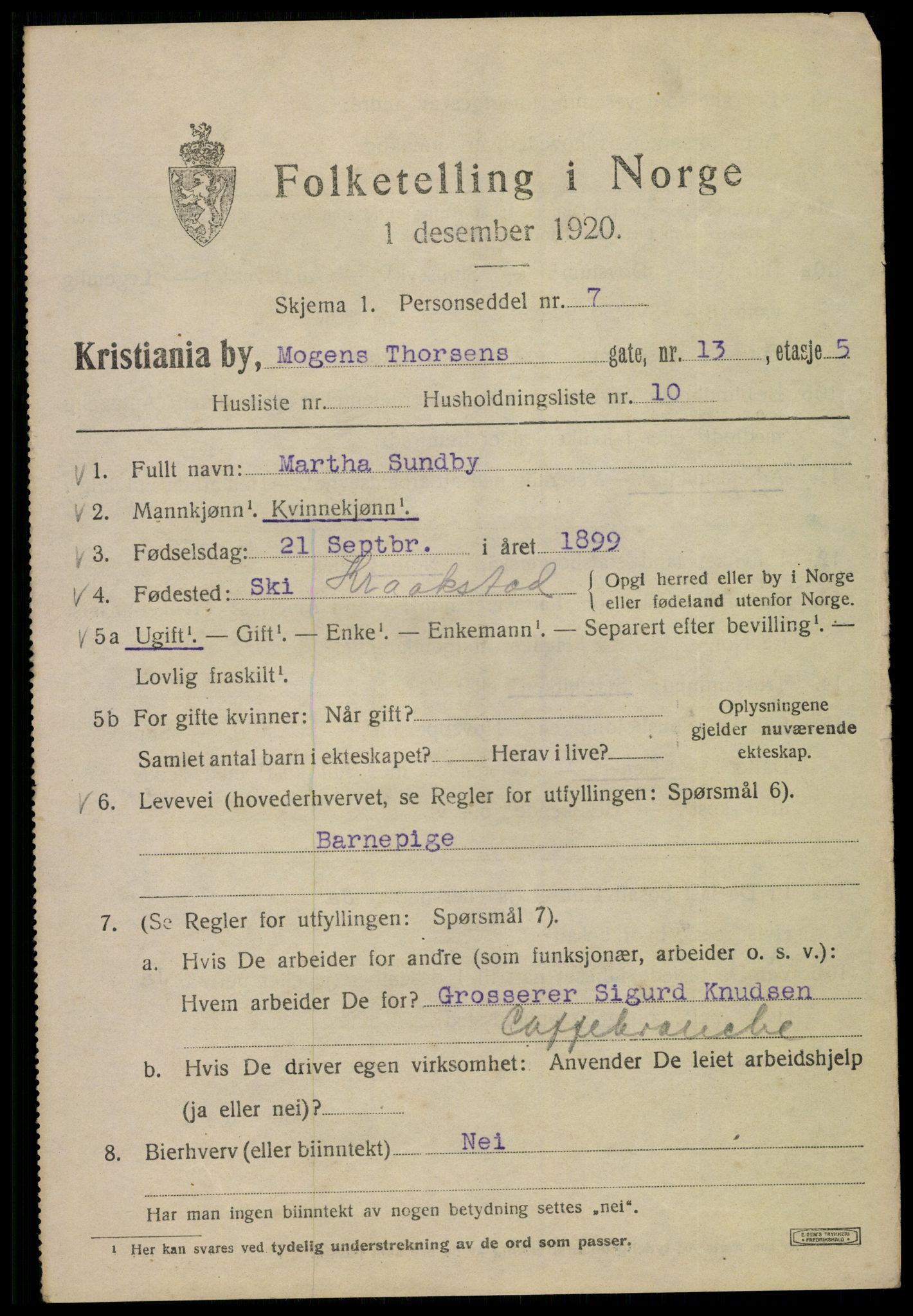 SAO, 1920 census for Kristiania, 1920, p. 396529