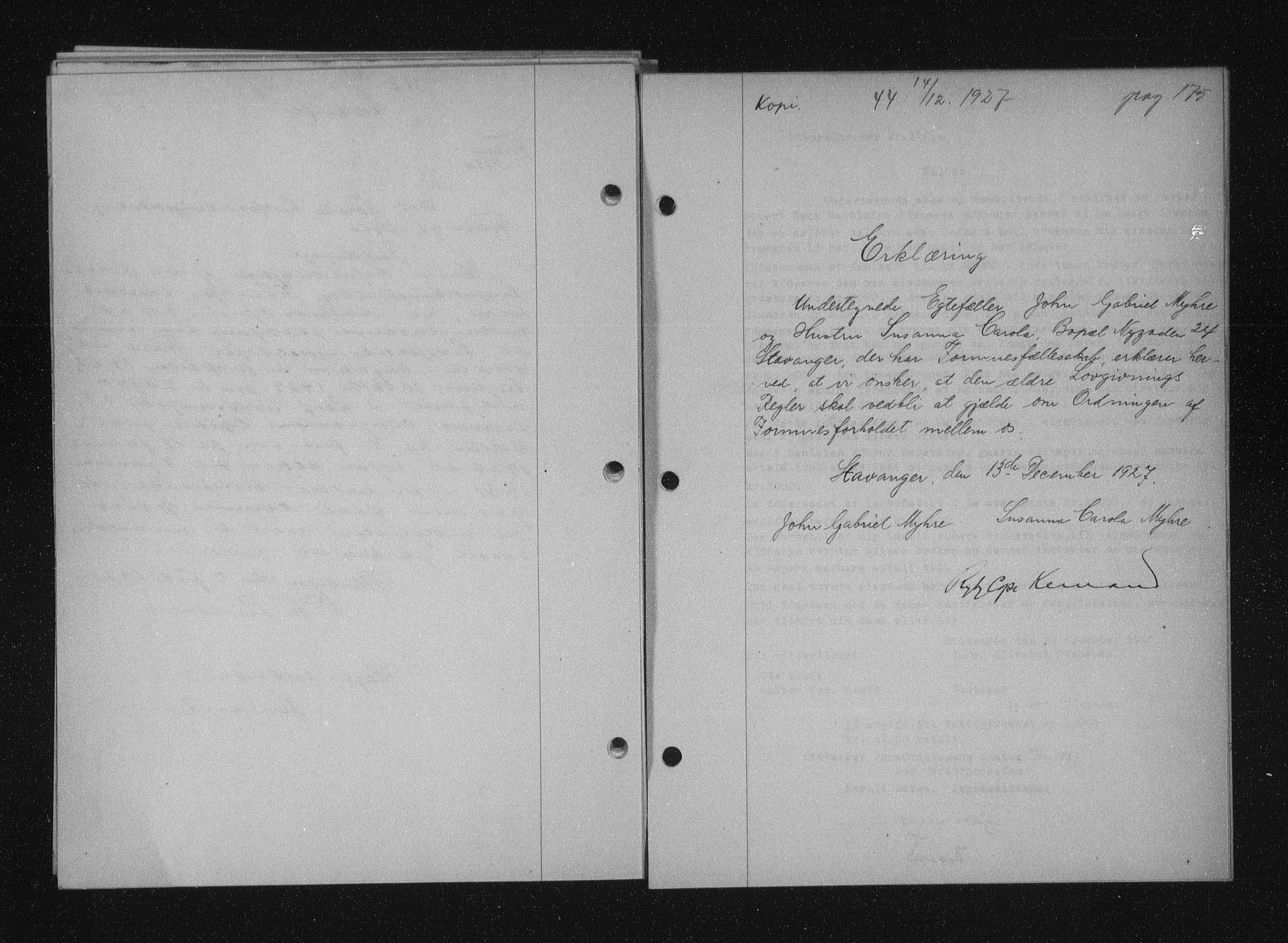 Stavanger byfogd, AV/SAST-A-101408/001/4/41/410/410BB/L0053: Mortgage book no. 41, 1927-1928, Deed date: 14.12.1927