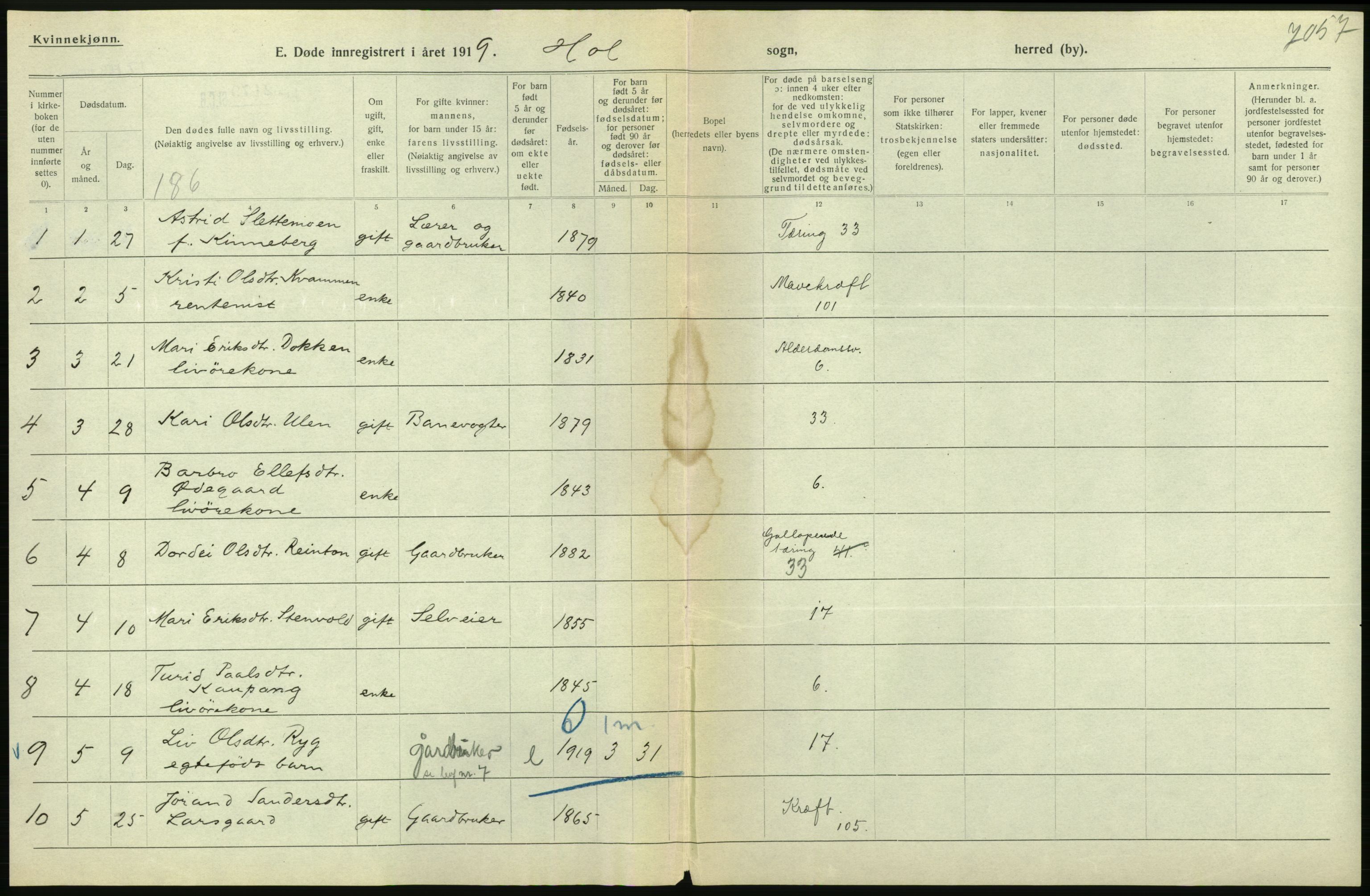 Statistisk sentralbyrå, Sosiodemografiske emner, Befolkning, RA/S-2228/D/Df/Dfb/Dfbi/L0018: Buskerud fylke: Døde. Bygder og byer., 1919, p. 52