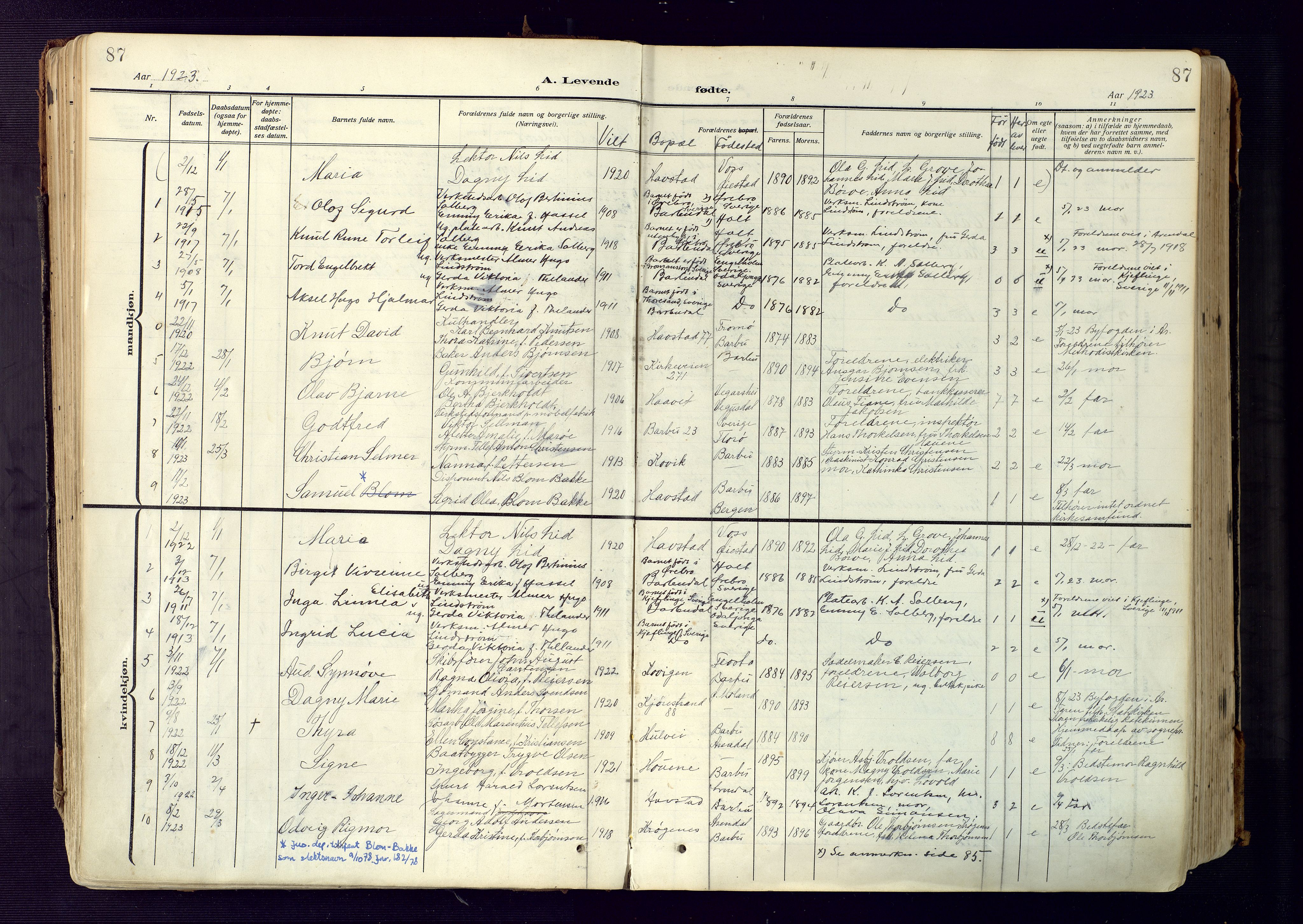 Barbu sokneprestkontor, AV/SAK-1111-0003/F/Fa/L0006: Parish register (official) no. A 6, 1910-1929, p. 87