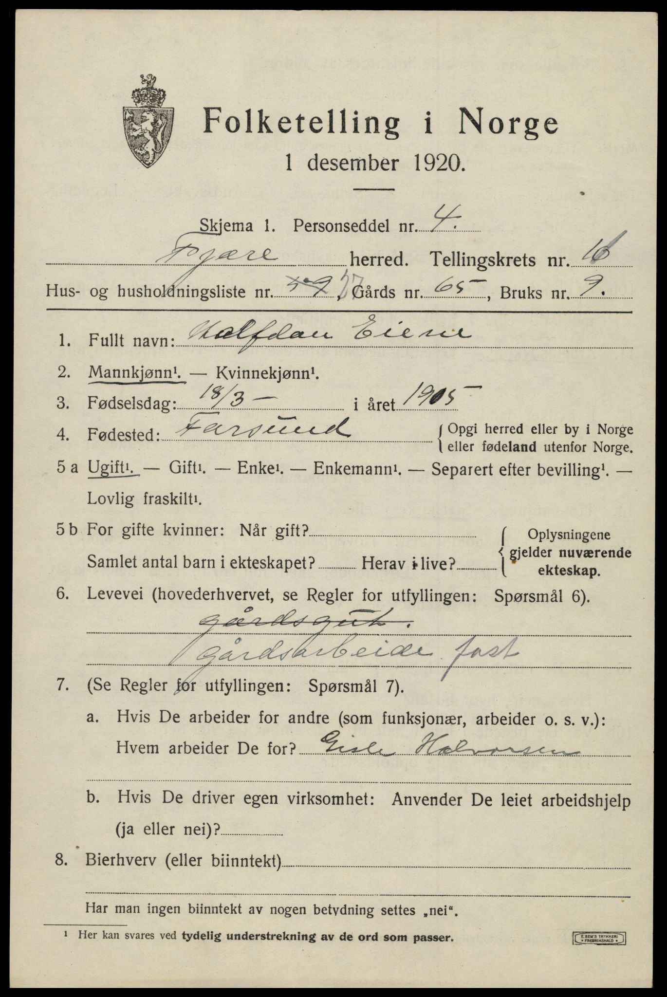 SAK, 1920 census for Fjære, 1920, p. 12017