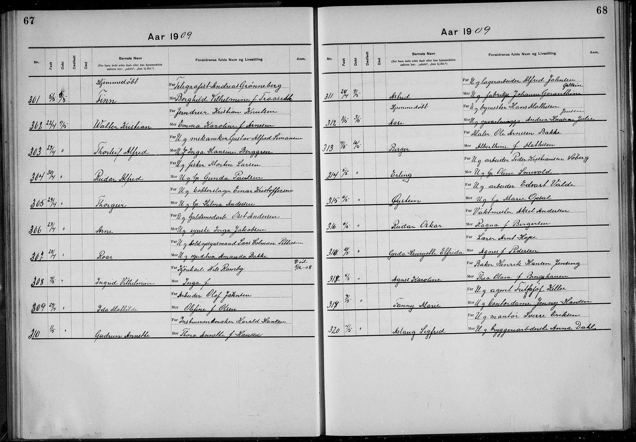 Rikshospitalet prestekontor Kirkebøker, SAO/A-10309b/K/L0006/0003: Baptism register no. 6.3, 1908-1910, p. 67-68