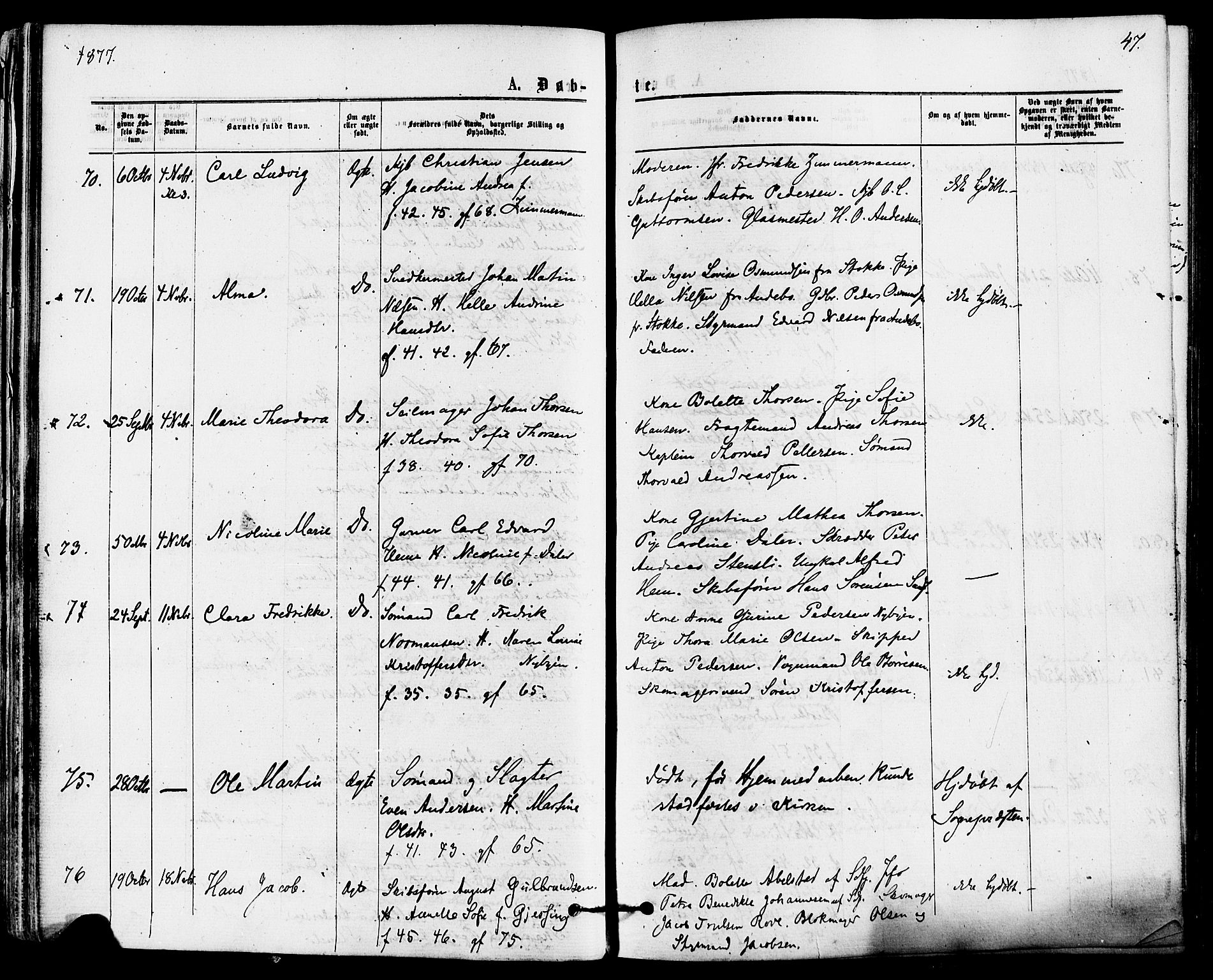 Sandefjord kirkebøker, SAKO/A-315/F/Fa/L0001: Parish register (official) no. 1, 1873-1879, p. 47
