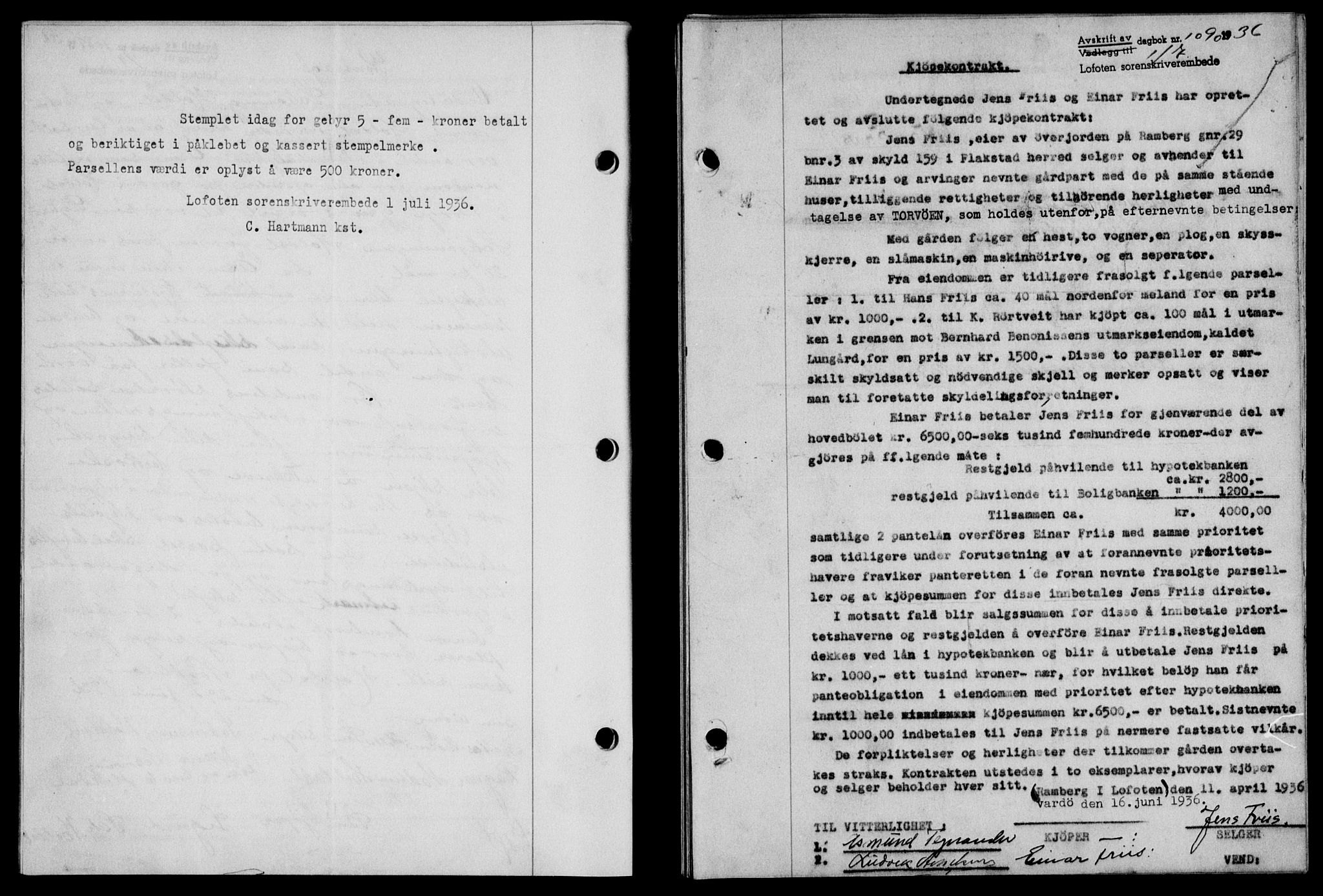 Lofoten sorenskriveri, SAT/A-0017/1/2/2C/L0001a: Mortgage book no. 1a, 1936-1937, Diary no: : 1090/1936