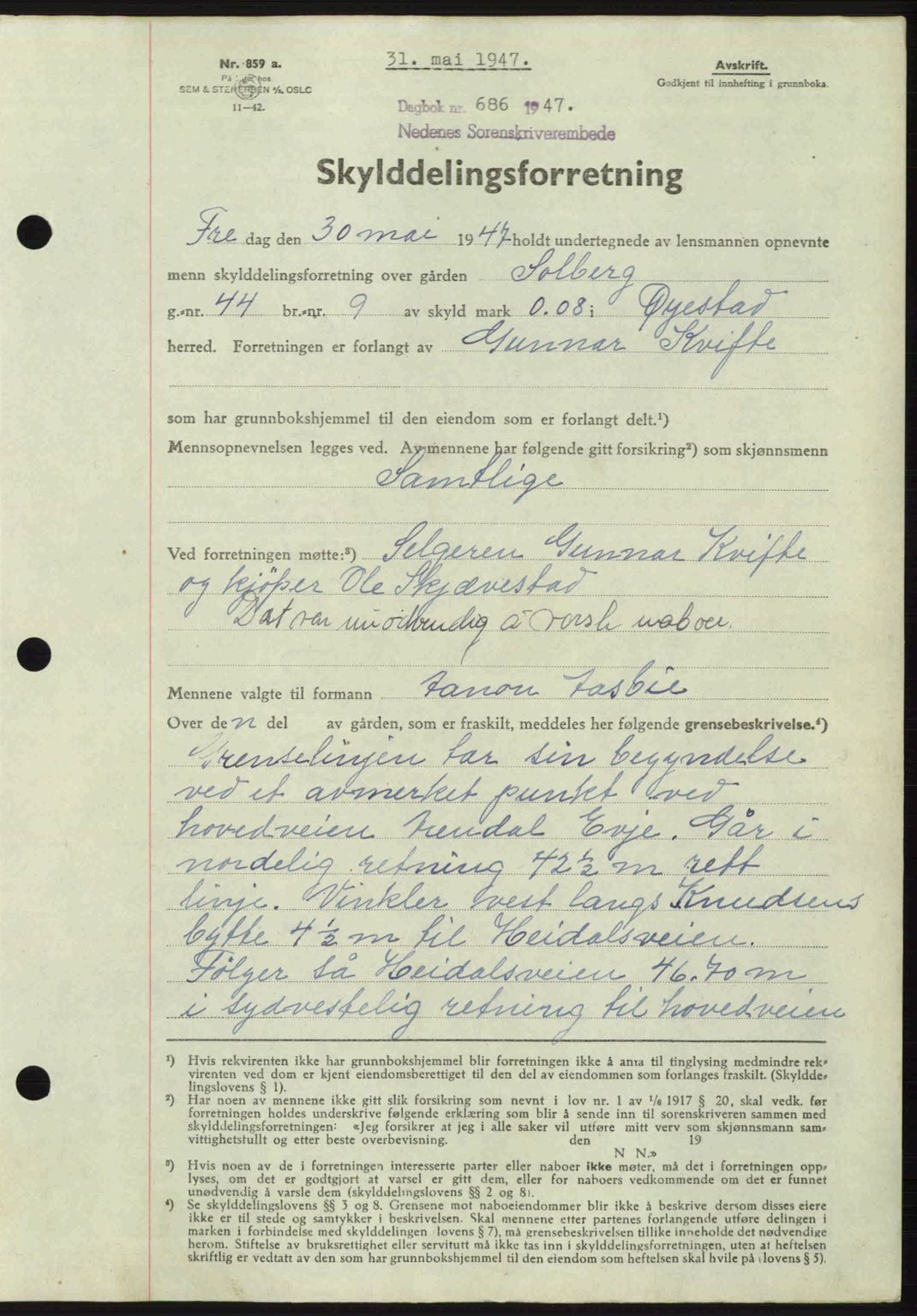 Nedenes sorenskriveri, SAK/1221-0006/G/Gb/Gba/L0057: Mortgage book no. A9, 1947-1947, Diary no: : 686/1947