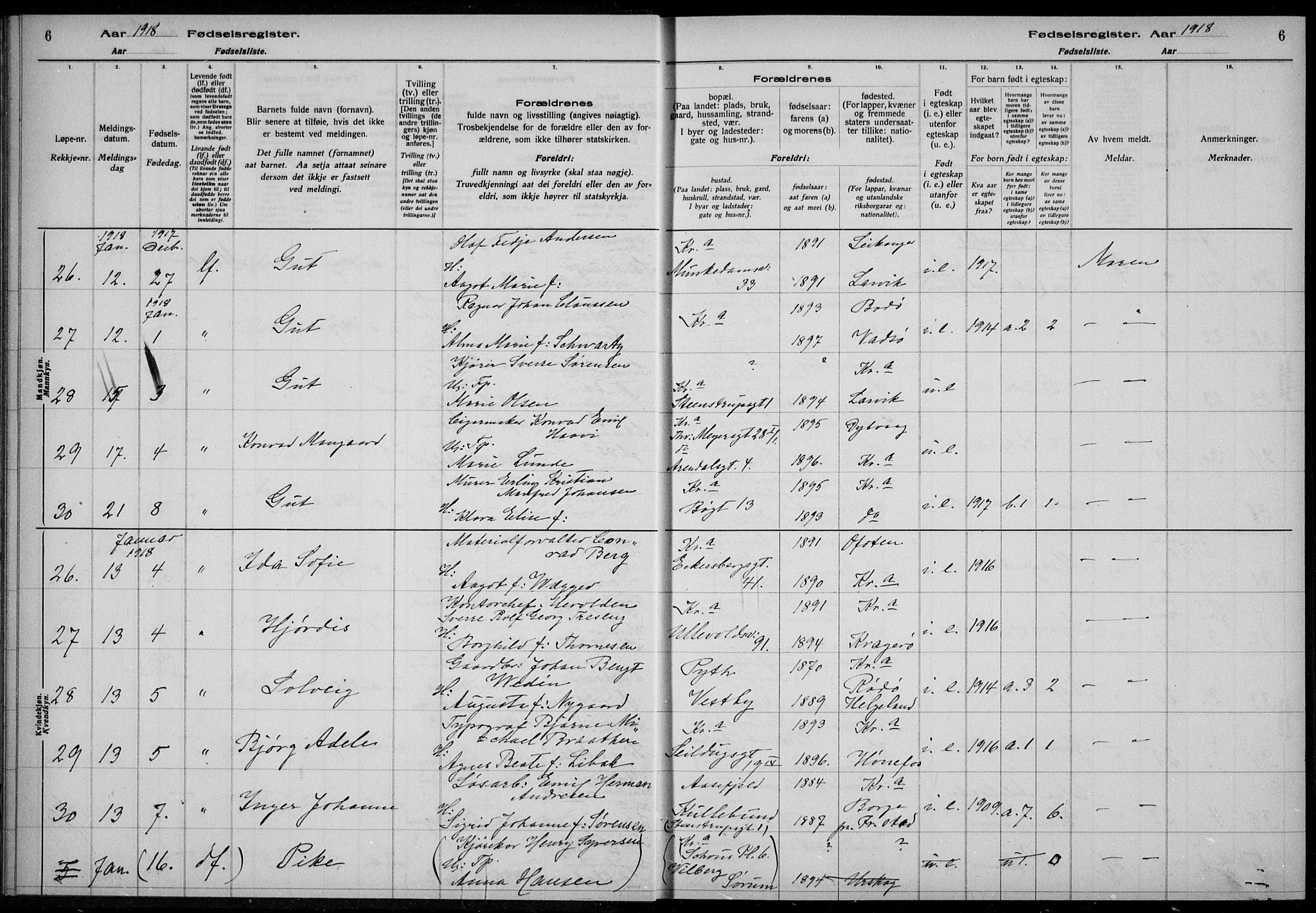 Rikshospitalet prestekontor Kirkebøker, AV/SAO-A-10309b/J/L0003: Birth register no. 3, 1918-1918, p. 6