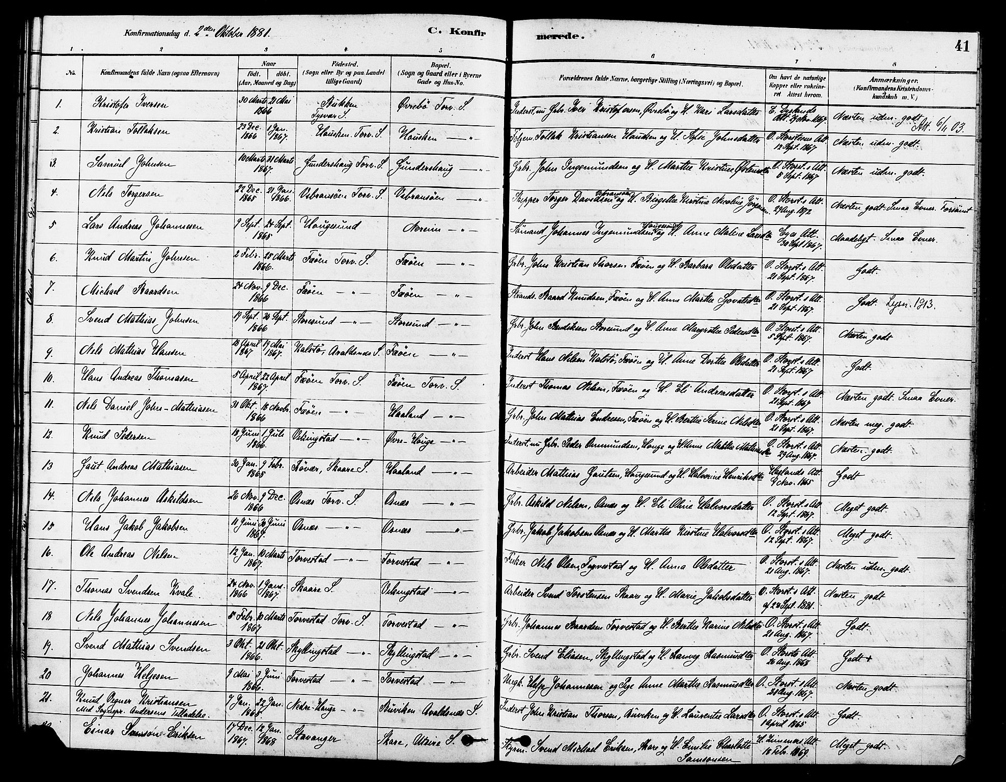Torvastad sokneprestkontor, SAST/A -101857/H/Ha/Haa/L0014: Parish register (official) no. A 13, 1879-1888, p. 41