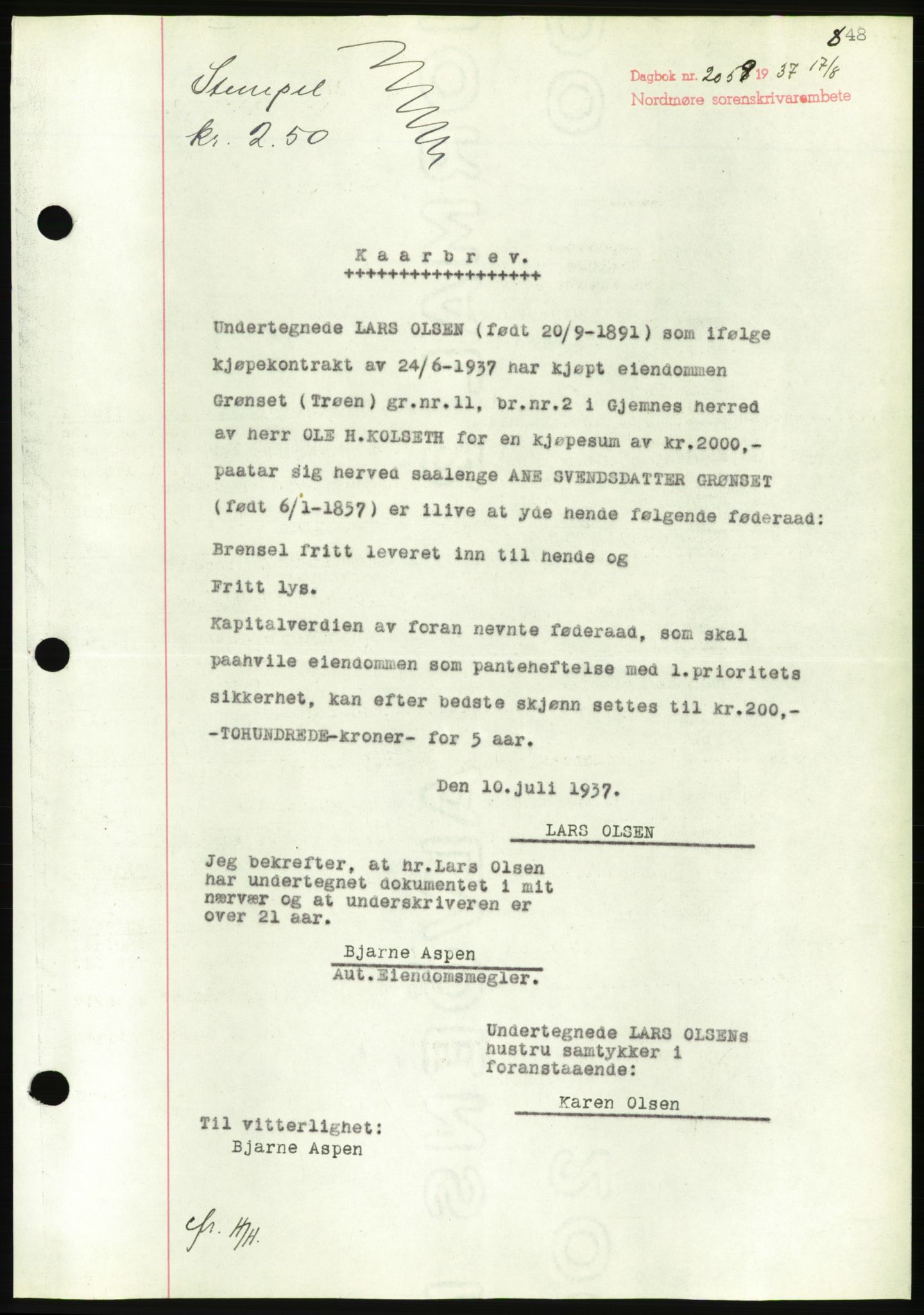 Nordmøre sorenskriveri, AV/SAT-A-4132/1/2/2Ca/L0091: Mortgage book no. B81, 1937-1937, Diary no: : 2059/1937