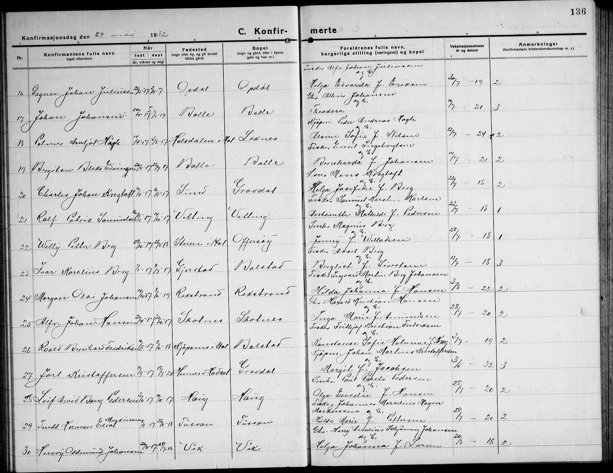 Ministerialprotokoller, klokkerbøker og fødselsregistre - Nordland, AV/SAT-A-1459/881/L1170: Parish register (copy) no. 881C07, 1930-1943, p. 136