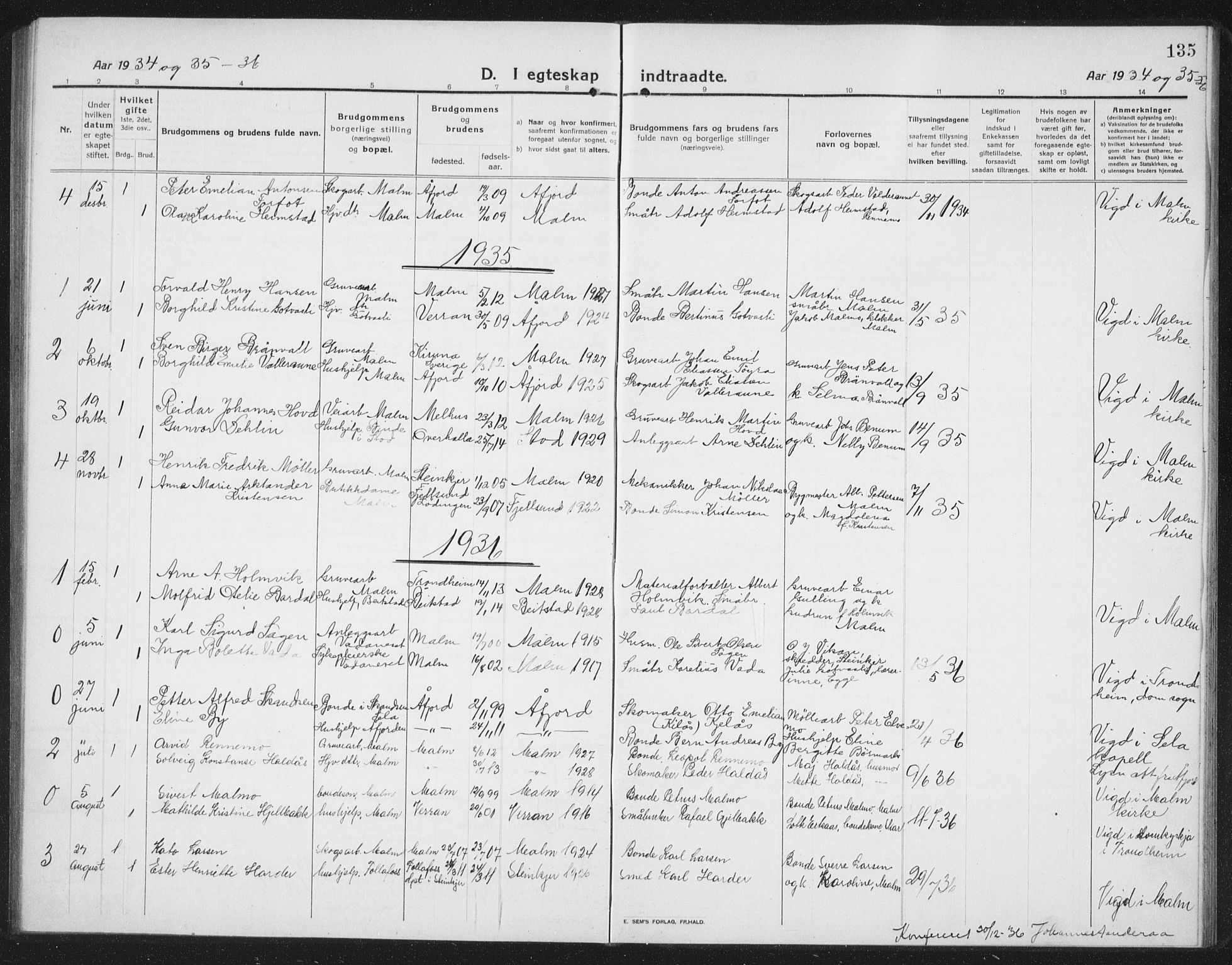Ministerialprotokoller, klokkerbøker og fødselsregistre - Nord-Trøndelag, SAT/A-1458/745/L0434: Parish register (copy) no. 745C03, 1914-1937, p. 135