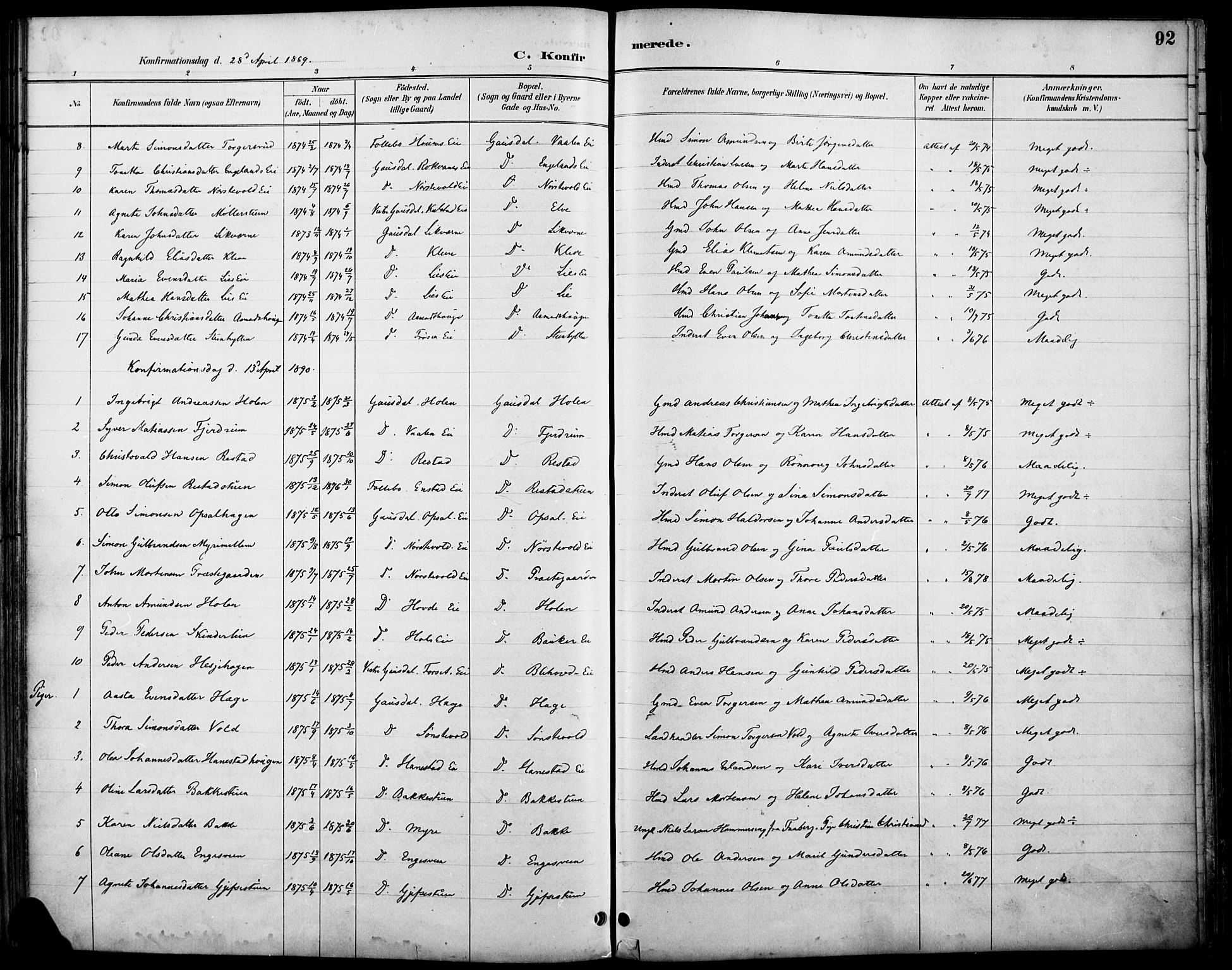 Østre Gausdal prestekontor, SAH/PREST-092/H/Ha/Haa/L0002: Parish register (official) no. 2, 1887-1897, p. 92