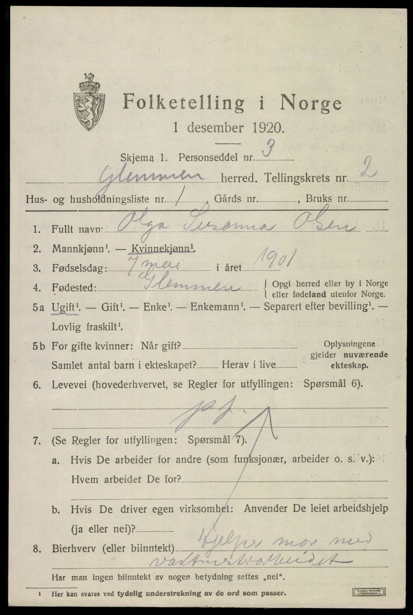 SAO, 1920 census for Glemmen, 1920, p. 4135