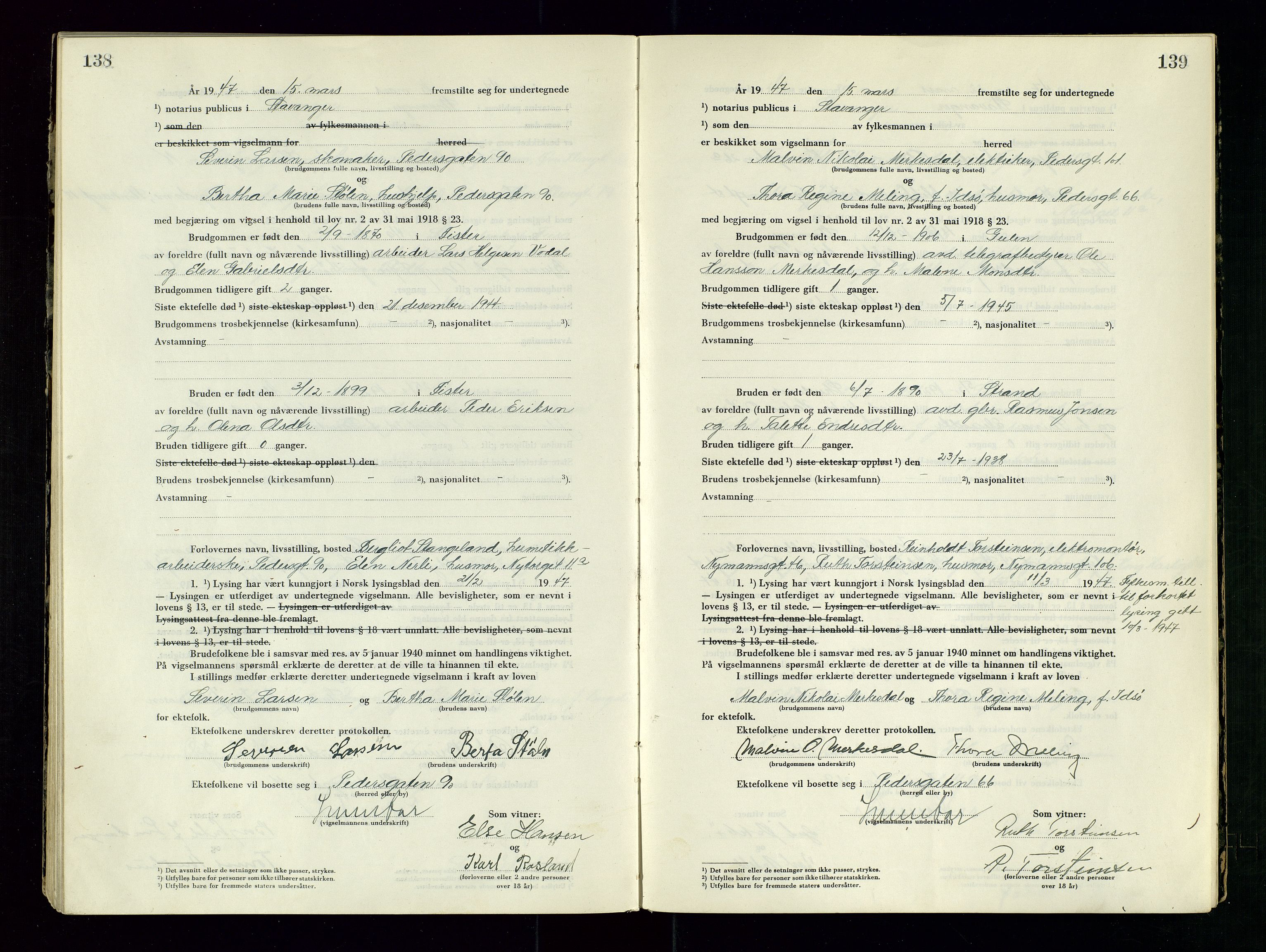 Stavanger byrett, AV/SAST-A-100455/001/6/62/62B/L0011: Vigselsprotokoll, 1946-1947, p. 138-139