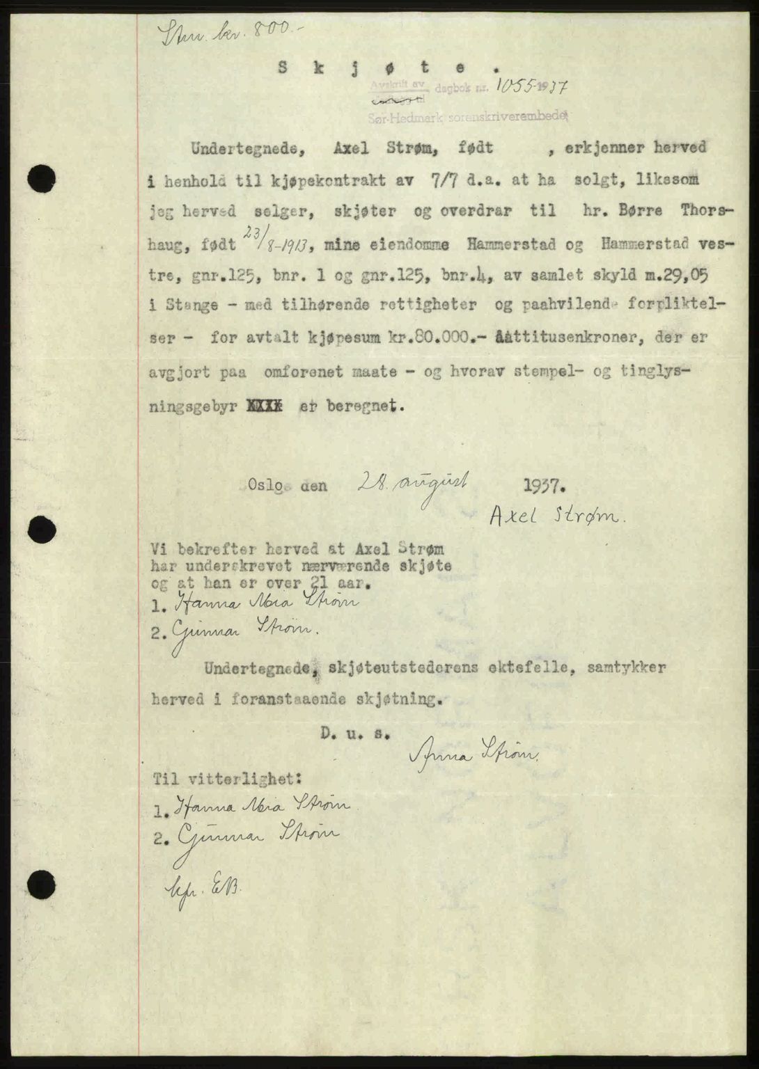 Sør-Hedmark sorenskriveri, SAH/TING-014/H/Hb/Hbd/L0003: Mortgage book no. 3, 1937-1938, Diary no: : 1055/1937