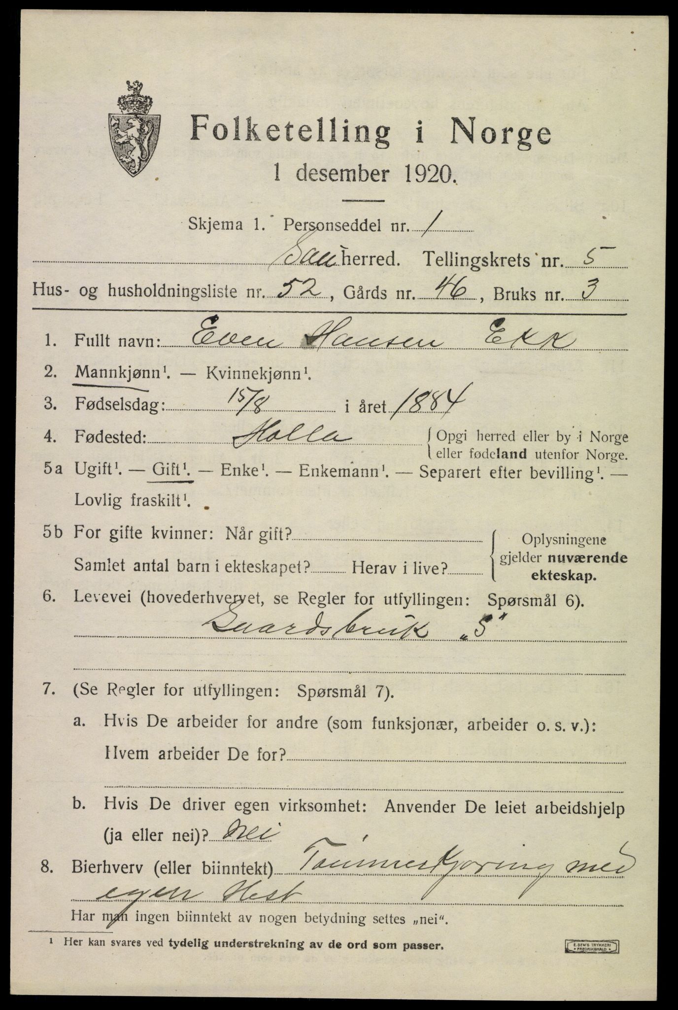 SAKO, 1920 census for Sauherad, 1920, p. 5055