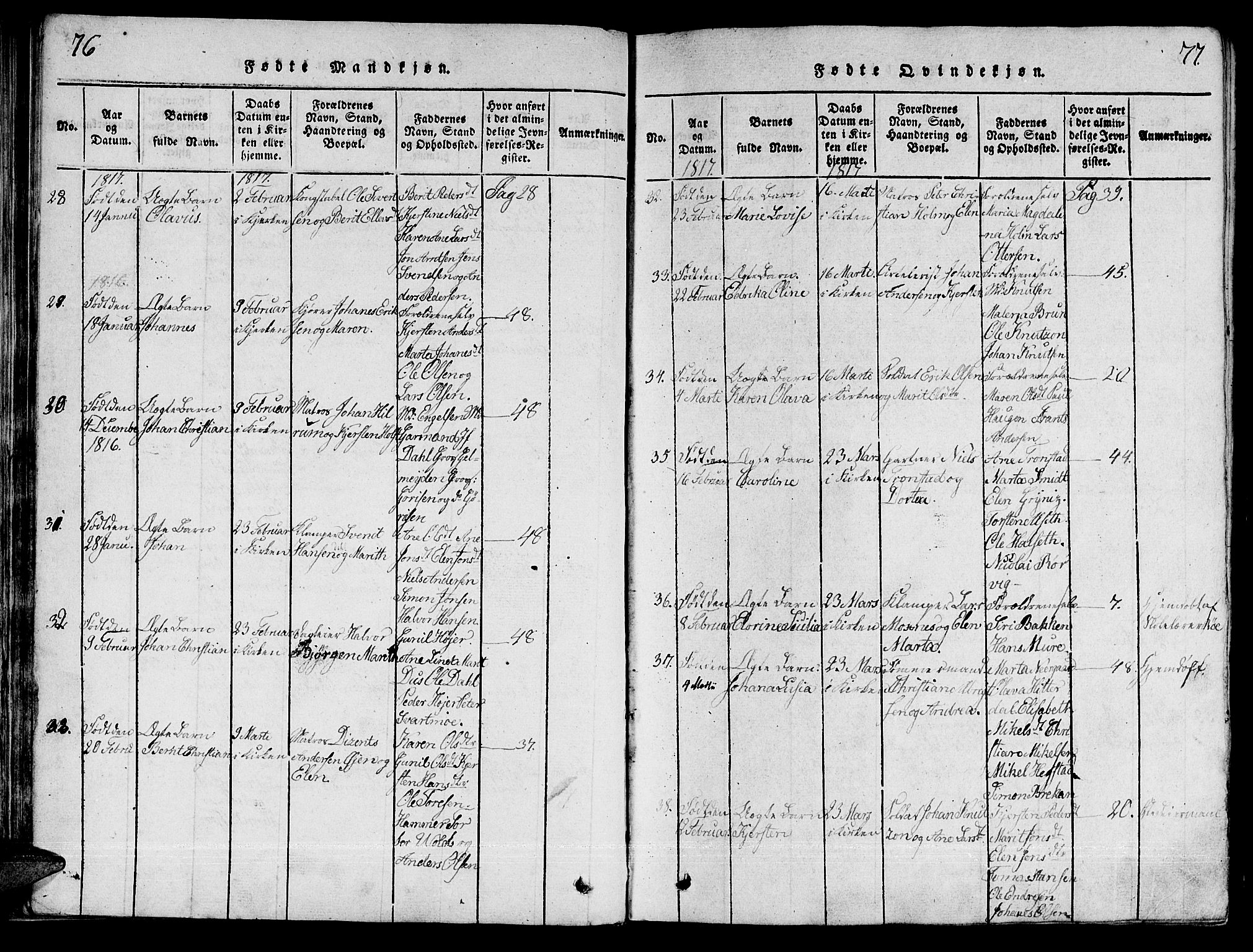 Ministerialprotokoller, klokkerbøker og fødselsregistre - Sør-Trøndelag, SAT/A-1456/601/L0043: Parish register (official) no. 601A11, 1815-1821, p. 76-77