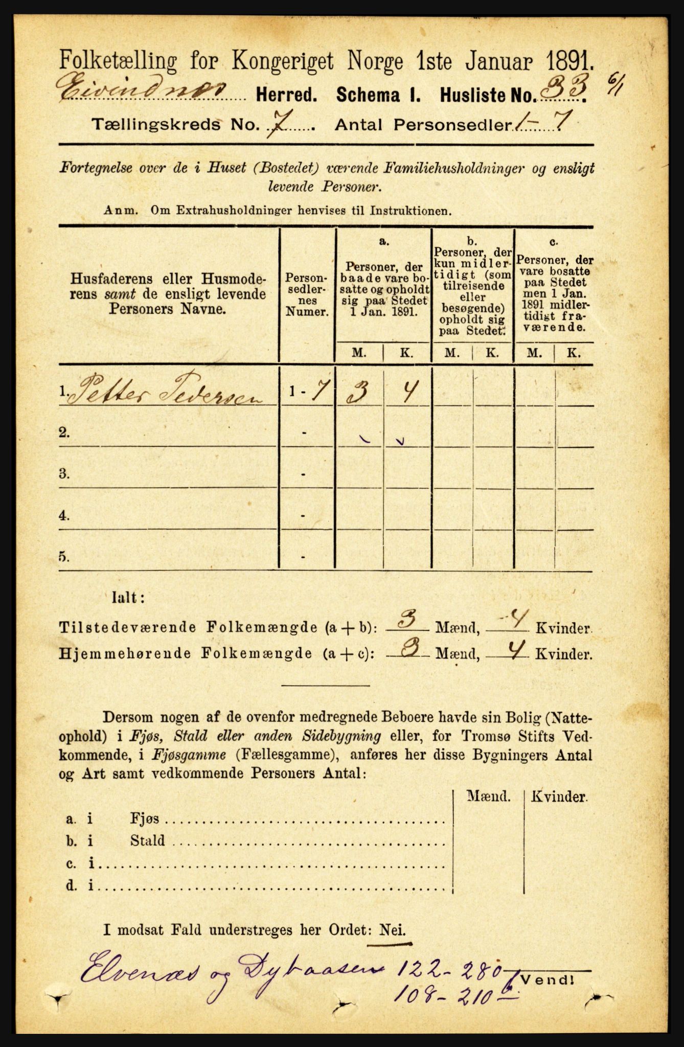 RA, 1891 census for 1853 Evenes, 1891, p. 2154