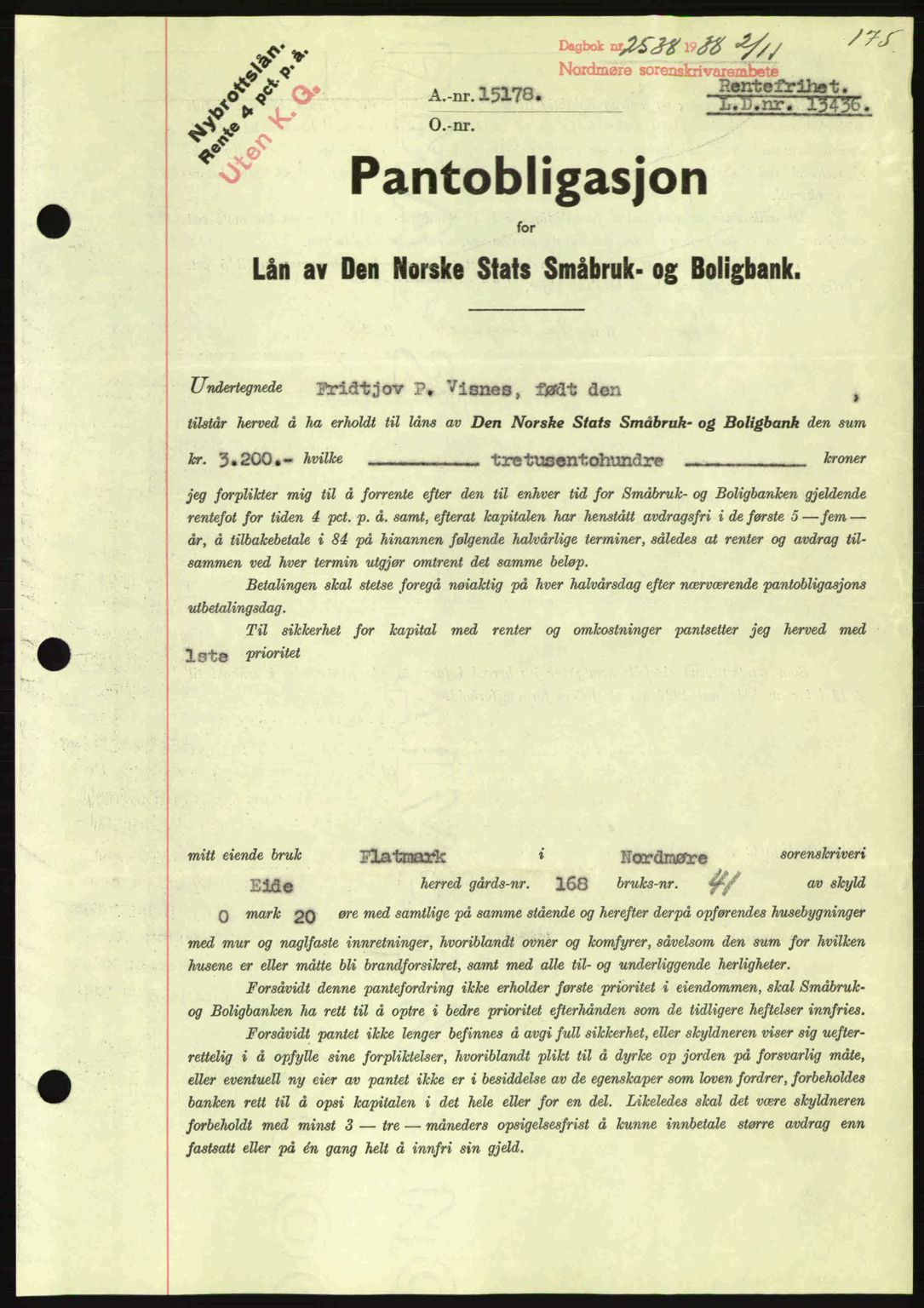 Nordmøre sorenskriveri, SAT/A-4132/1/2/2Ca: Mortgage book no. B84, 1938-1939, Diary no: : 2538/1938