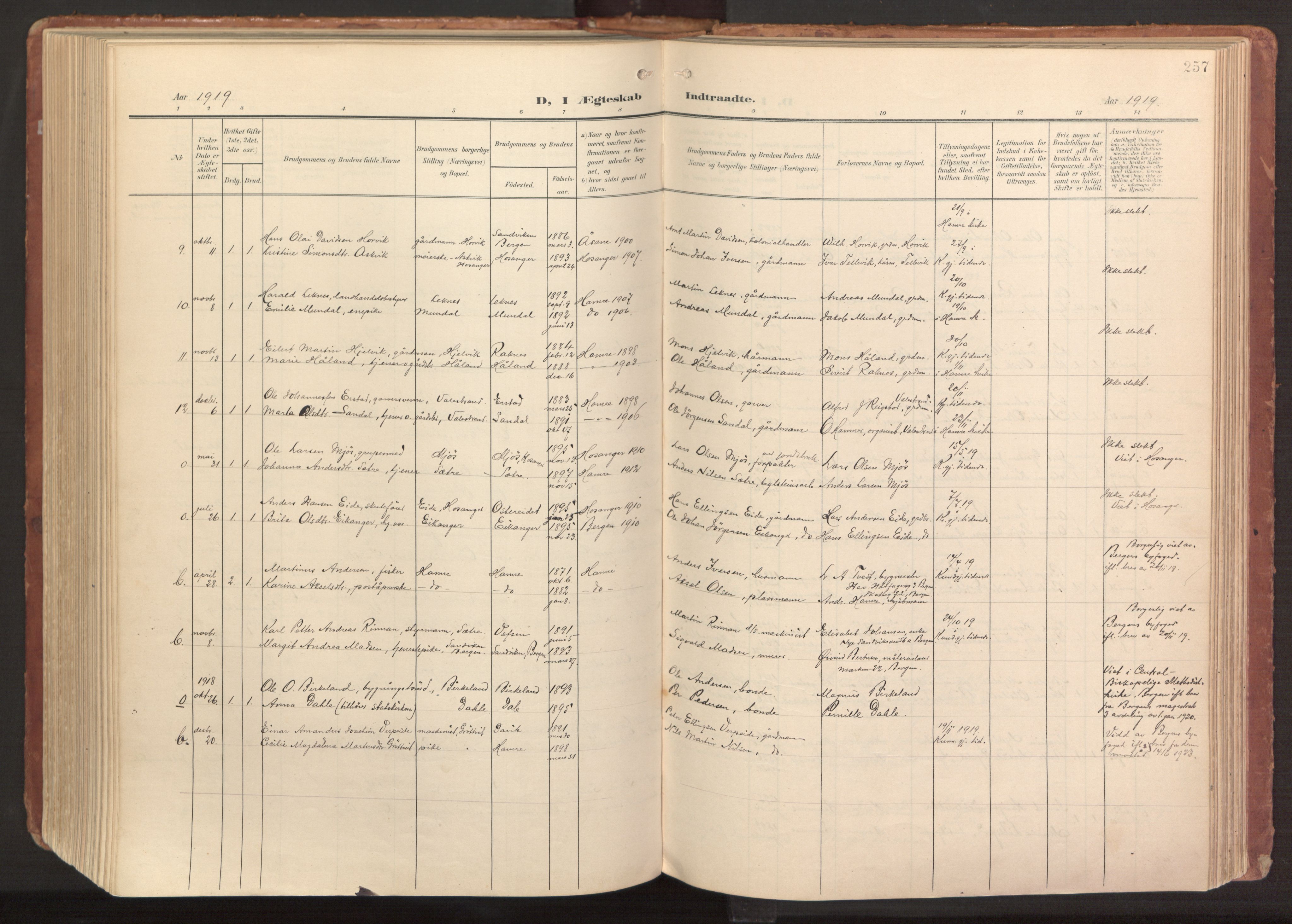 Hamre sokneprestembete, AV/SAB-A-75501/H/Ha/Haa/Haab/L0002: Parish register (official) no. B 2, 1905-1924, p. 257