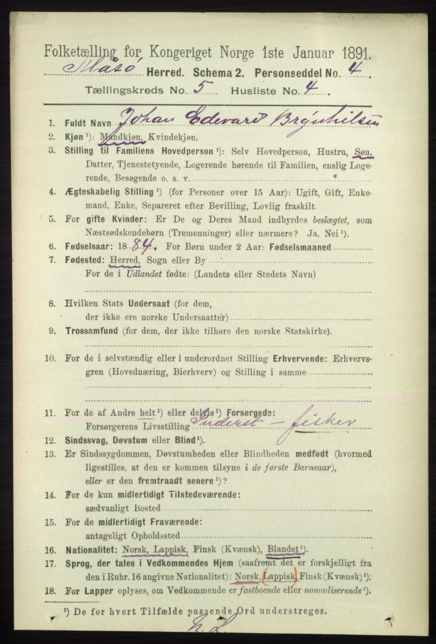 RA, 1891 census for 2018 Måsøy, 1891, p. 734