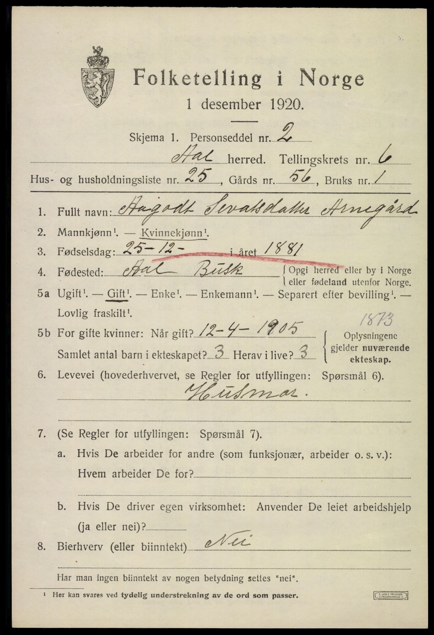 SAKO, 1920 census for Ål, 1920, p. 4612