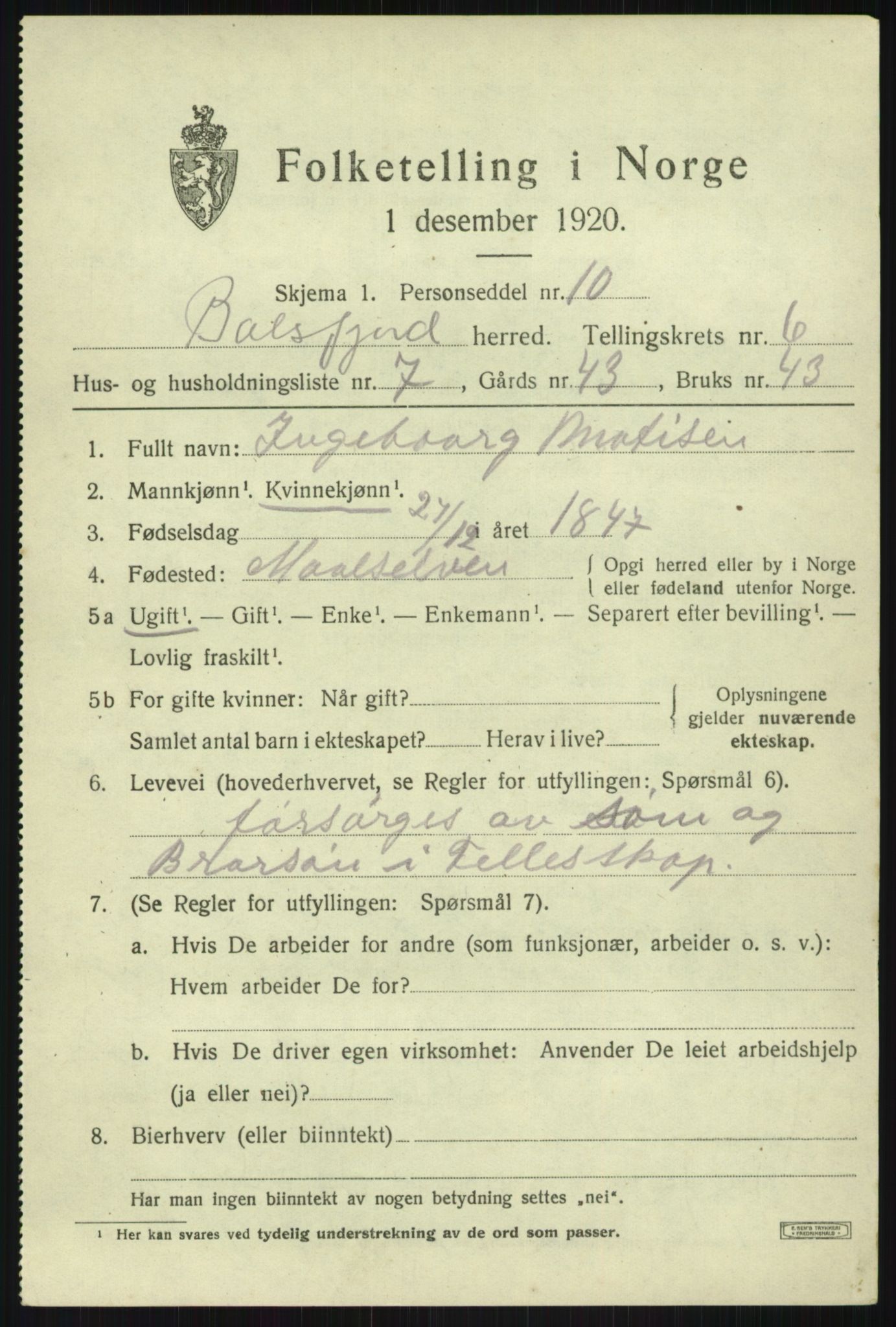 SATØ, 1920 census for Balsfjord, 1920, p. 3818