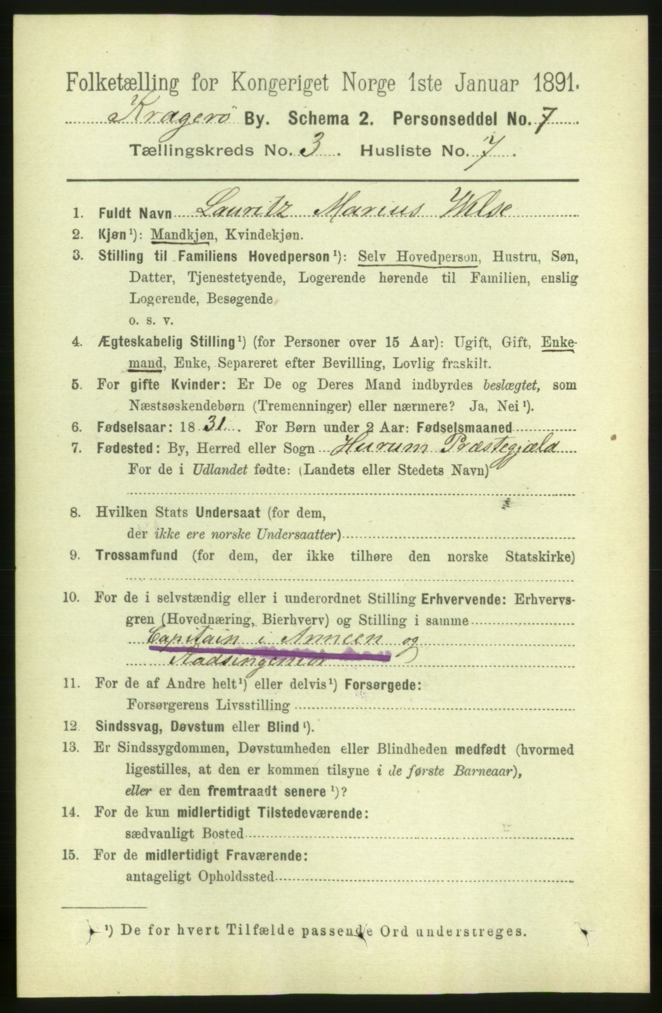 RA, 1891 census for 0801 Kragerø, 1891, p. 2729