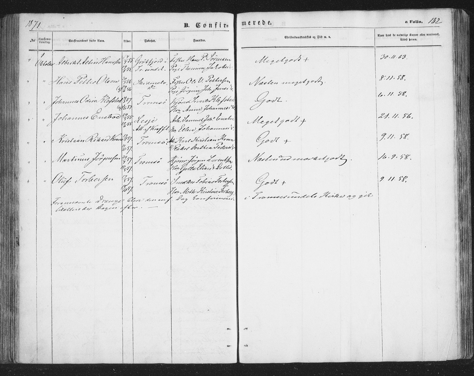 Tromsø sokneprestkontor/stiftsprosti/domprosti, AV/SATØ-S-1343/G/Ga/L0012kirke: Parish register (official) no. 12, 1865-1871, p. 132