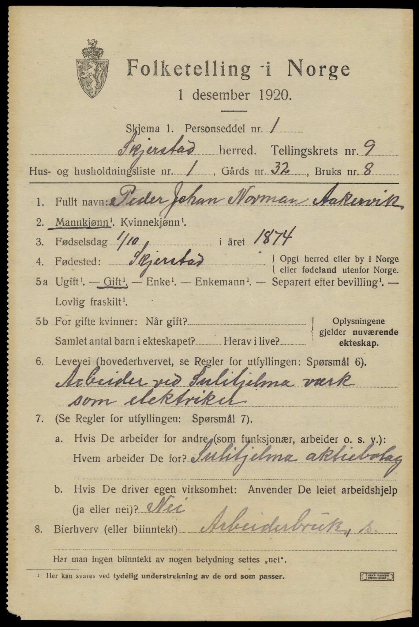 SAT, 1920 census for Skjerstad, 1920, p. 3039