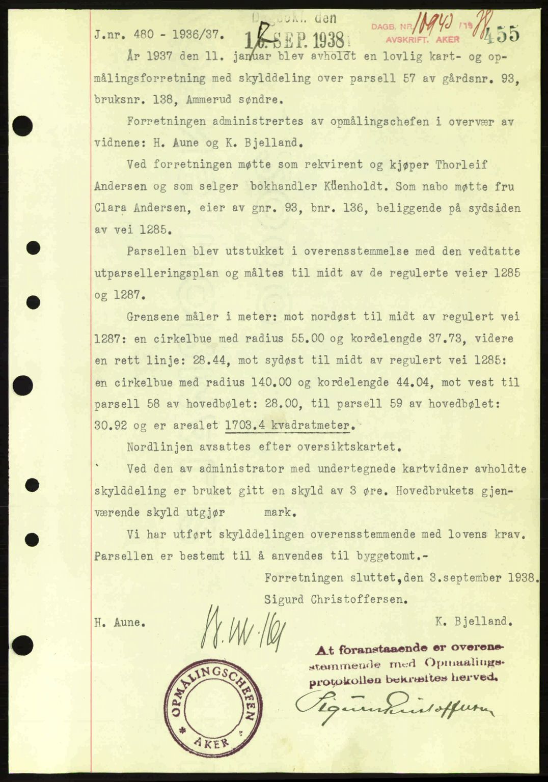 Aker herredsskriveri, SAO/A-10896/G/Gb/Gba/Gbab/L0025: Mortgage book no. A154-155, 1938-1938, Diary no: : 10943/1938