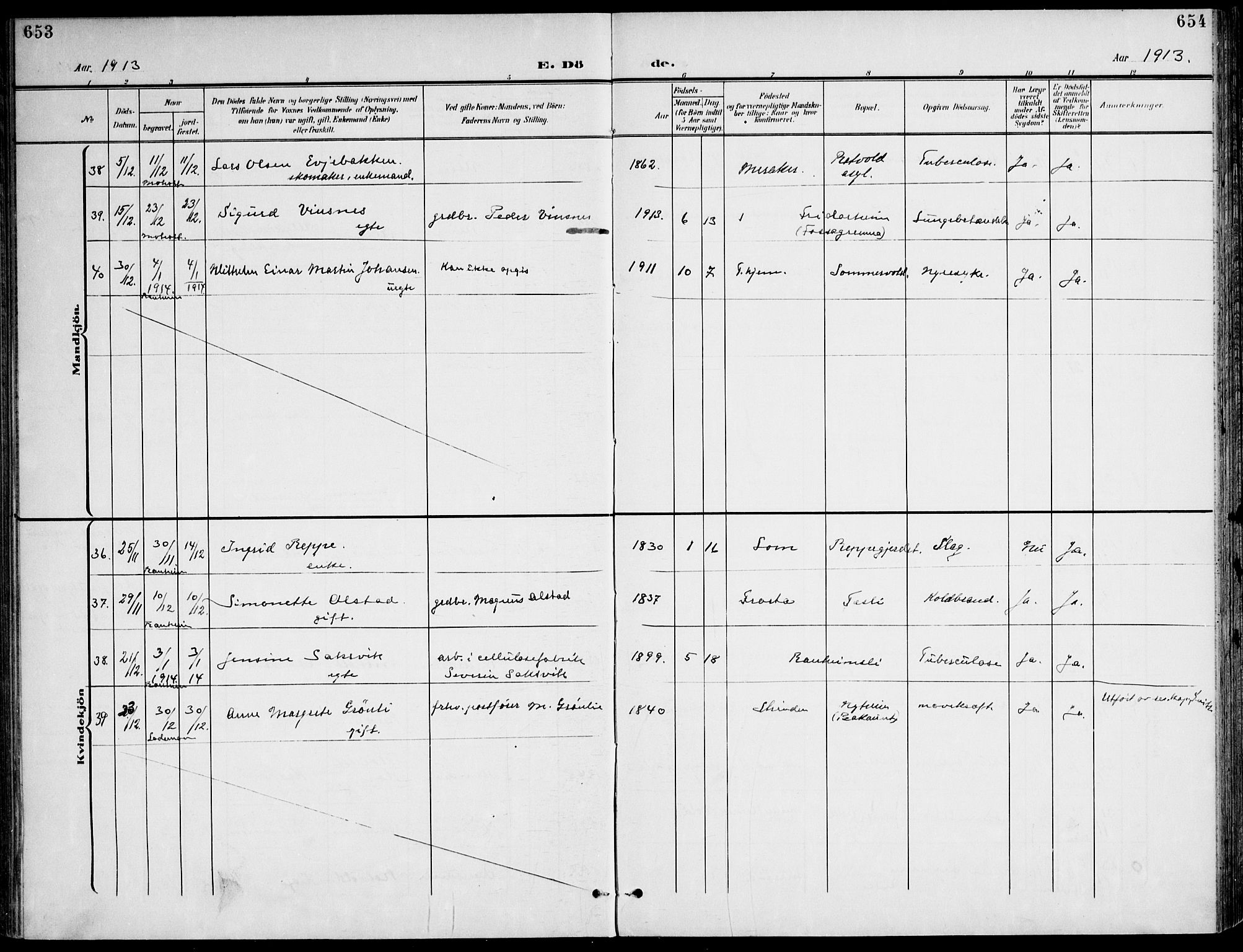 Ministerialprotokoller, klokkerbøker og fødselsregistre - Sør-Trøndelag, SAT/A-1456/607/L0320: Parish register (official) no. 607A04, 1907-1915, p. 653-654