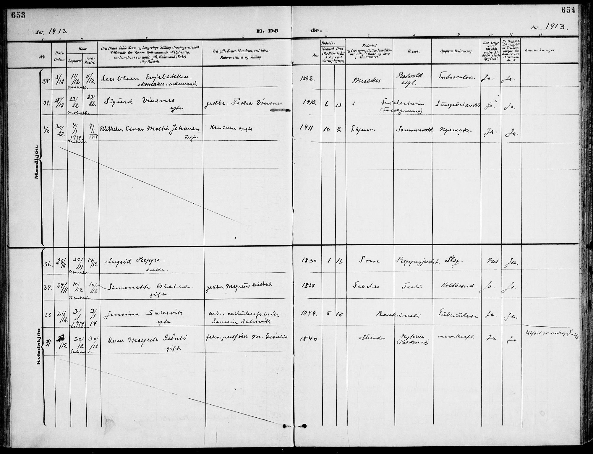 Ministerialprotokoller, klokkerbøker og fødselsregistre - Sør-Trøndelag, AV/SAT-A-1456/607/L0320: Parish register (official) no. 607A04, 1907-1915, p. 653-654