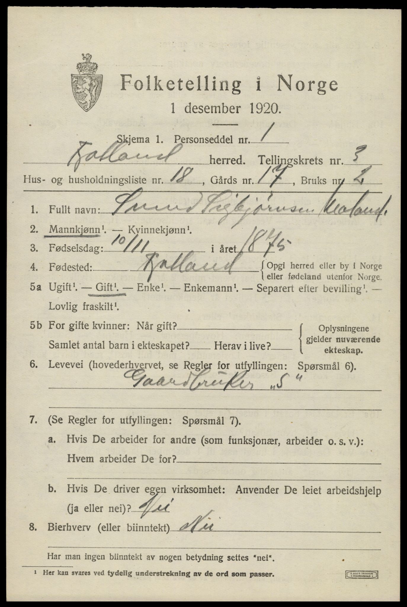 SAK, 1920 census for Fjotland, 1920, p. 1170