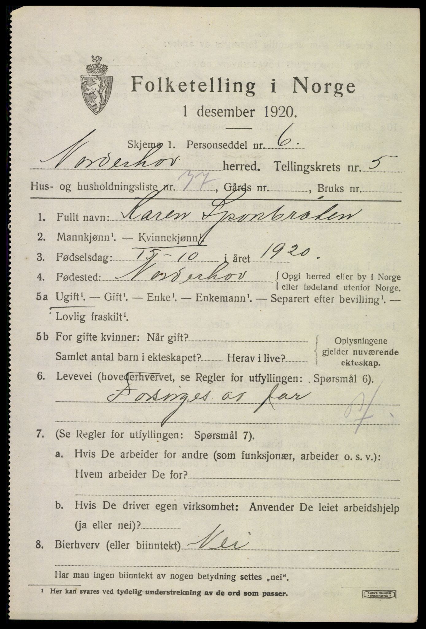 SAKO, 1920 census for Norderhov, 1920, p. 8649