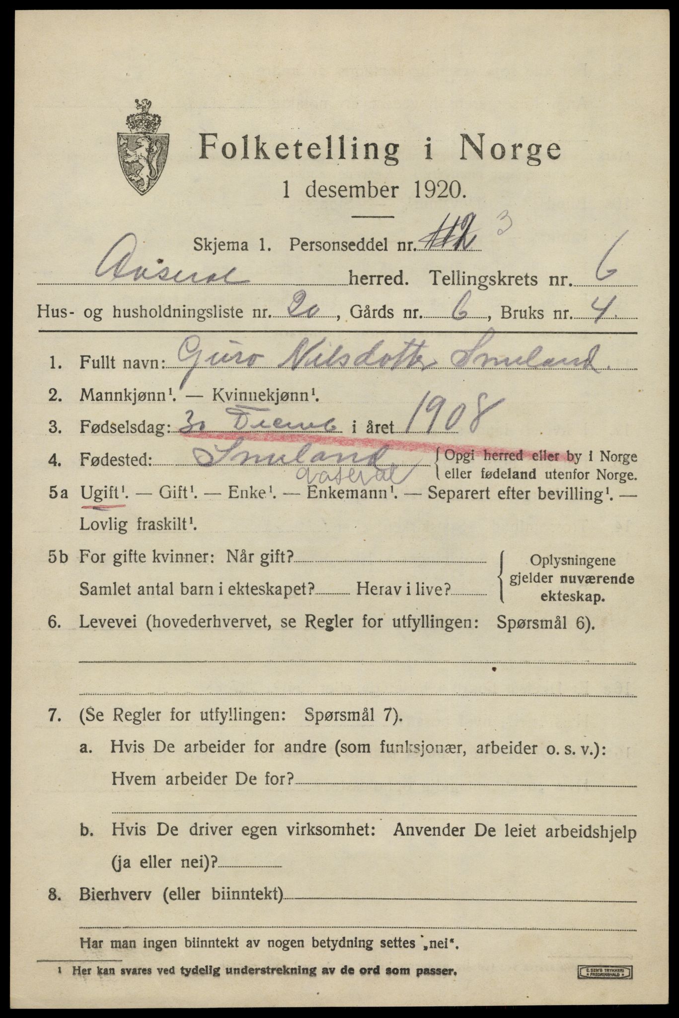 SAK, 1920 census for Åseral, 1920, p. 2020