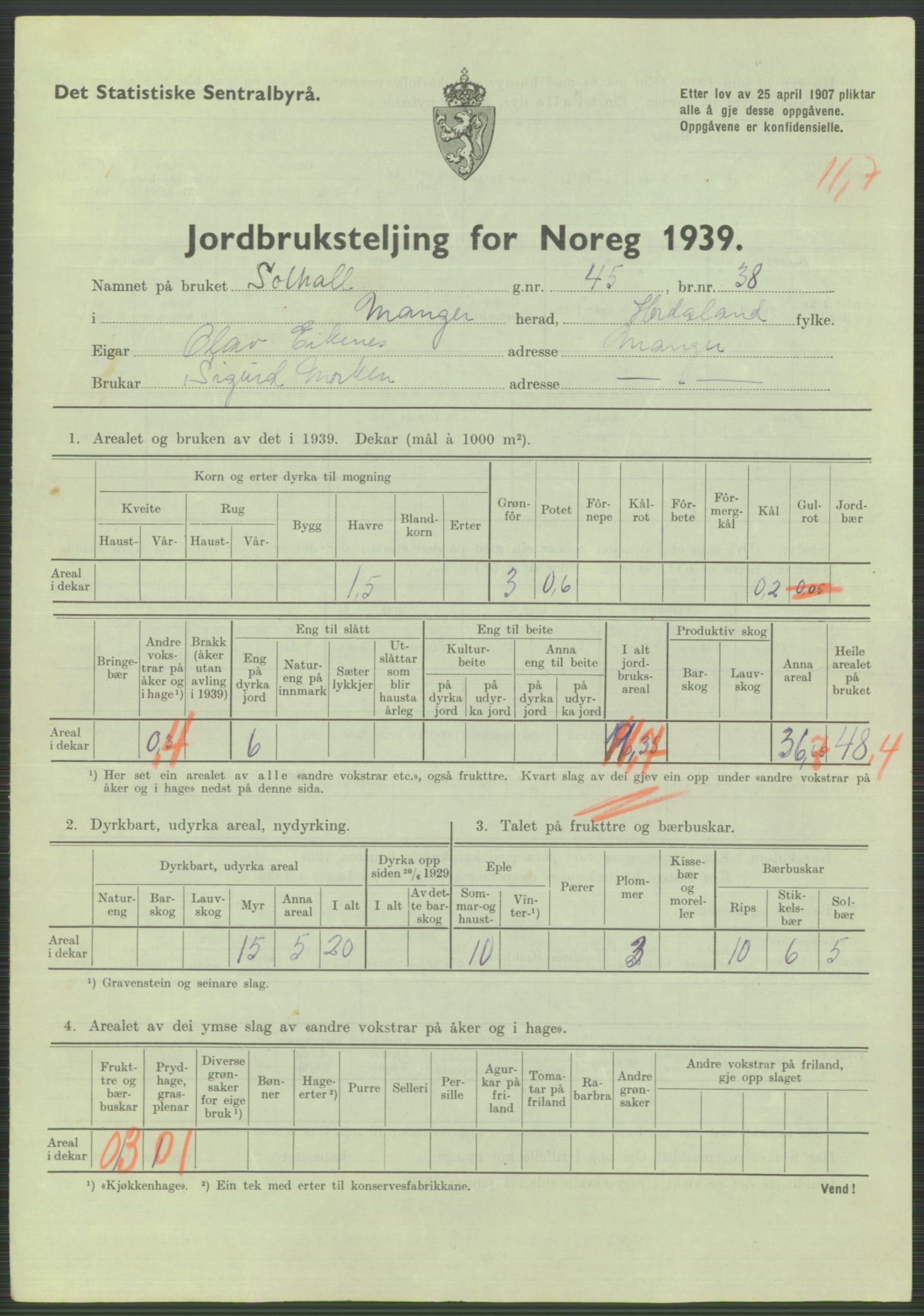 Statistisk sentralbyrå, Næringsøkonomiske emner, Jordbruk, skogbruk, jakt, fiske og fangst, AV/RA-S-2234/G/Gb/L0211: Hordaland: Herdla, Hjelme og Manger, 1939, p. 1459