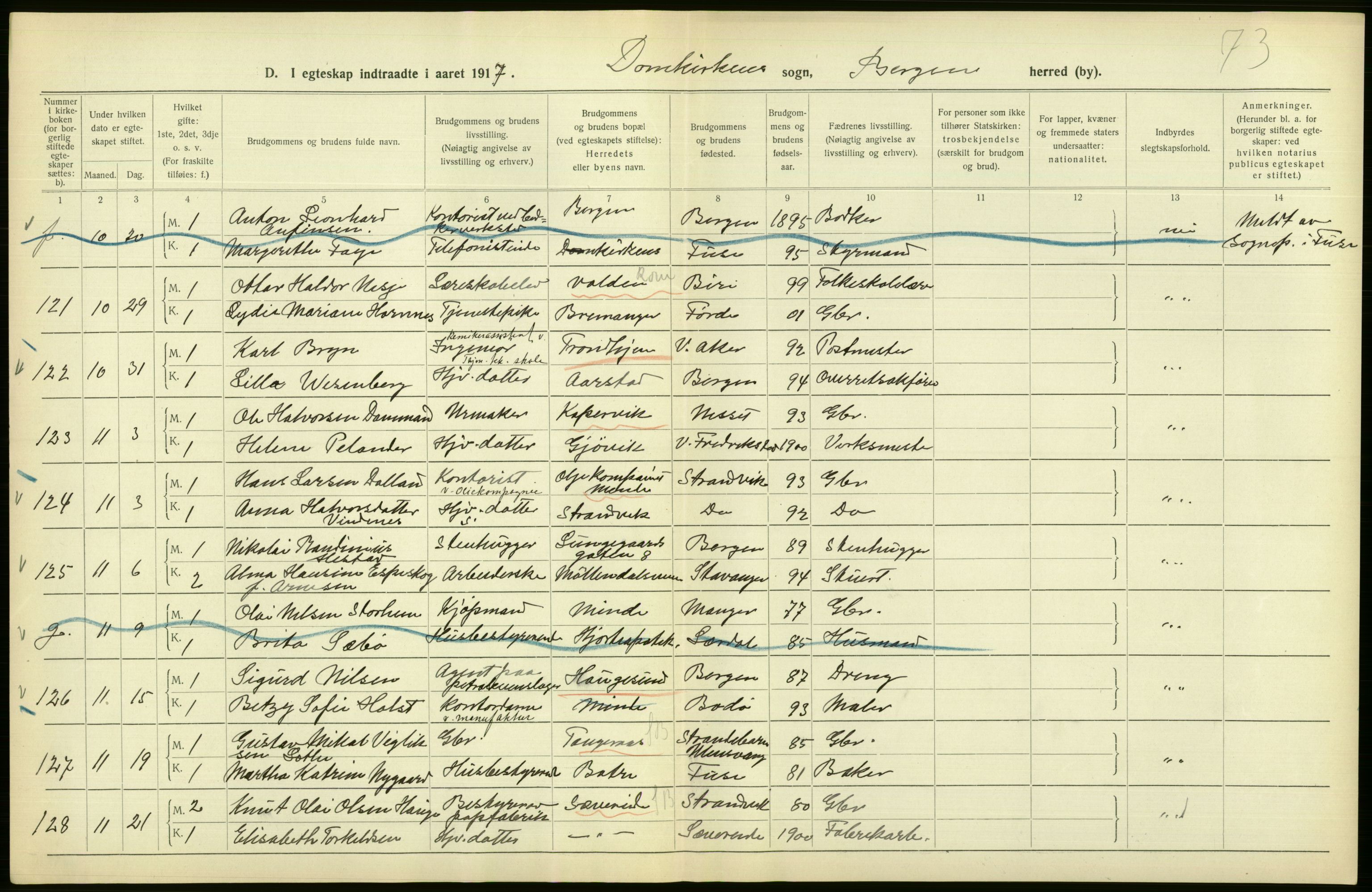 Statistisk sentralbyrå, Sosiodemografiske emner, Befolkning, AV/RA-S-2228/D/Df/Dfb/Dfbg/L0038: Bergen: Gifte, døde, dødfødte., 1917, p. 32