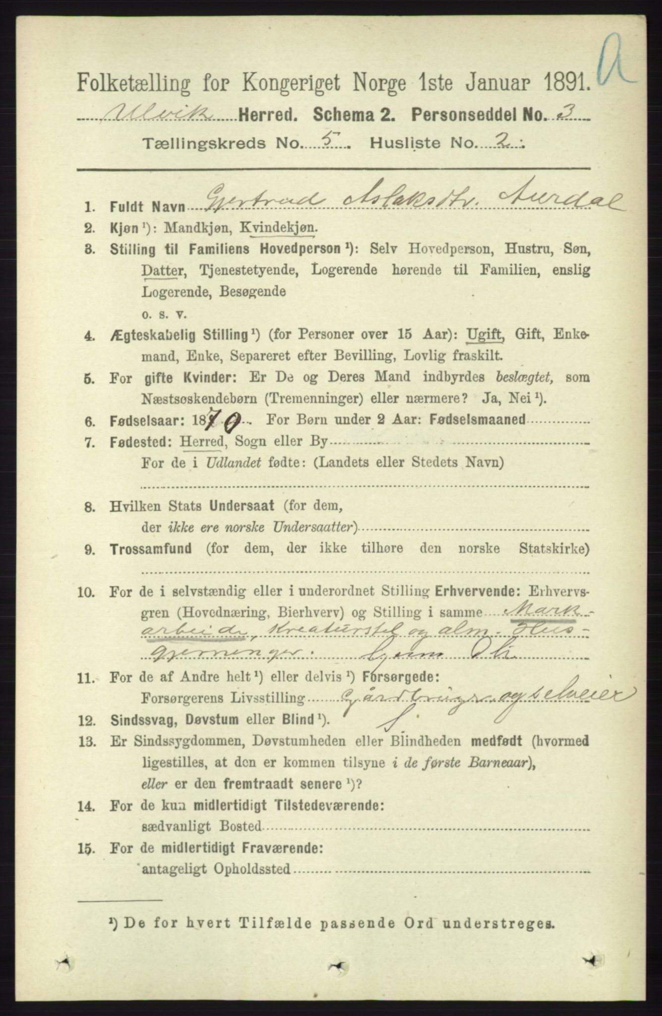 RA, 1891 census for 1233 Ulvik, 1891, p. 1408