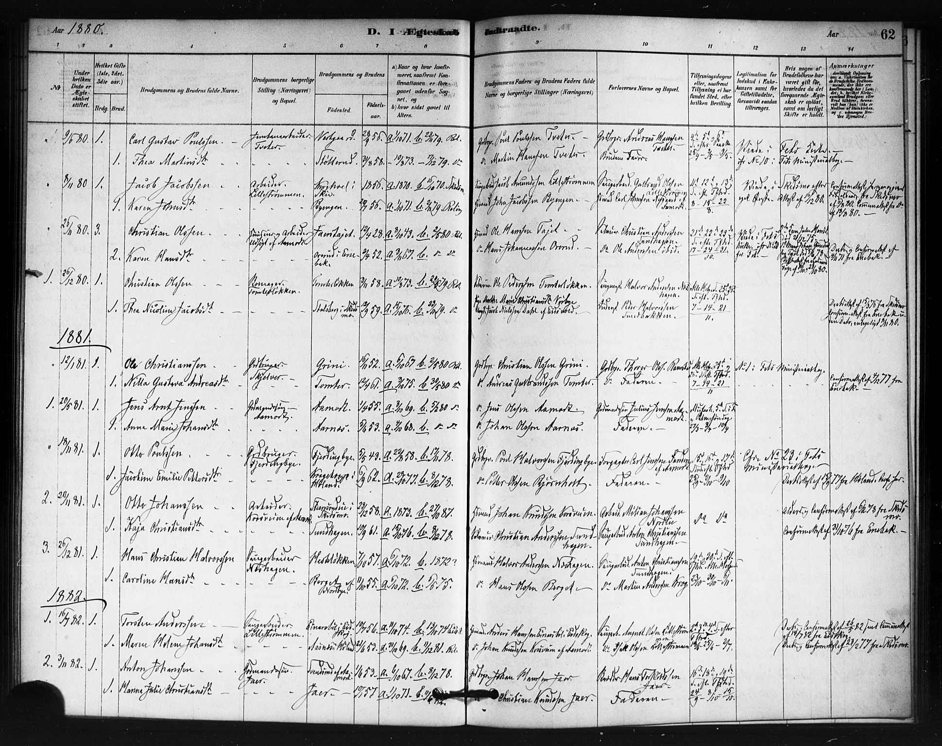 Fet prestekontor Kirkebøker, AV/SAO-A-10370a/F/Fb/L0001: Parish register (official) no. II 1, 1878-1891, p. 62